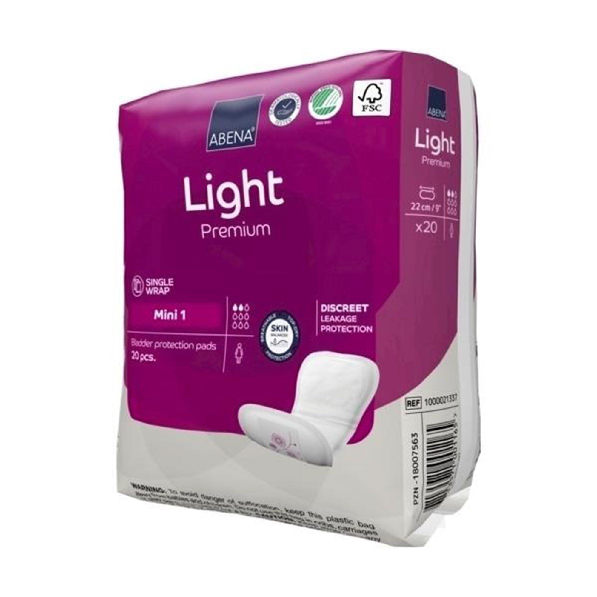 ABENA Abena Light Incontinence Pads For Women, Anatomically Designed Barriers For Urinary Leak Protection, Breathable, Comfortable with Fast Absorption, Self-adhesive Strips - Light Mini 1, 180ml, 20 Count