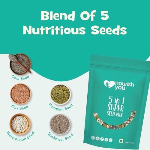 NOURISH YOU Nourish You 5 in 1 Seeds Mix 200g - Edible Seeds | Healthy Seeds | Healthy Snacks | 100% Natural and Roasted Seeds | Fiber Rich Seeds