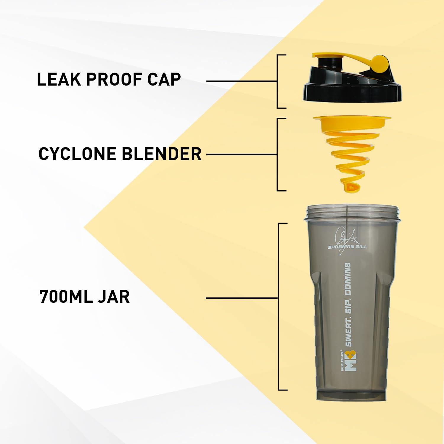 MuscleBlaze MuscleBlaze Limited Edition Shubman Shaker with Cyclone Blender, Black, 700 ml | 100% Leakproof, BPA-Free Blender Bottle, Ideal for Whey Protein, Preworkout, and BCAA Shakes |Plastic