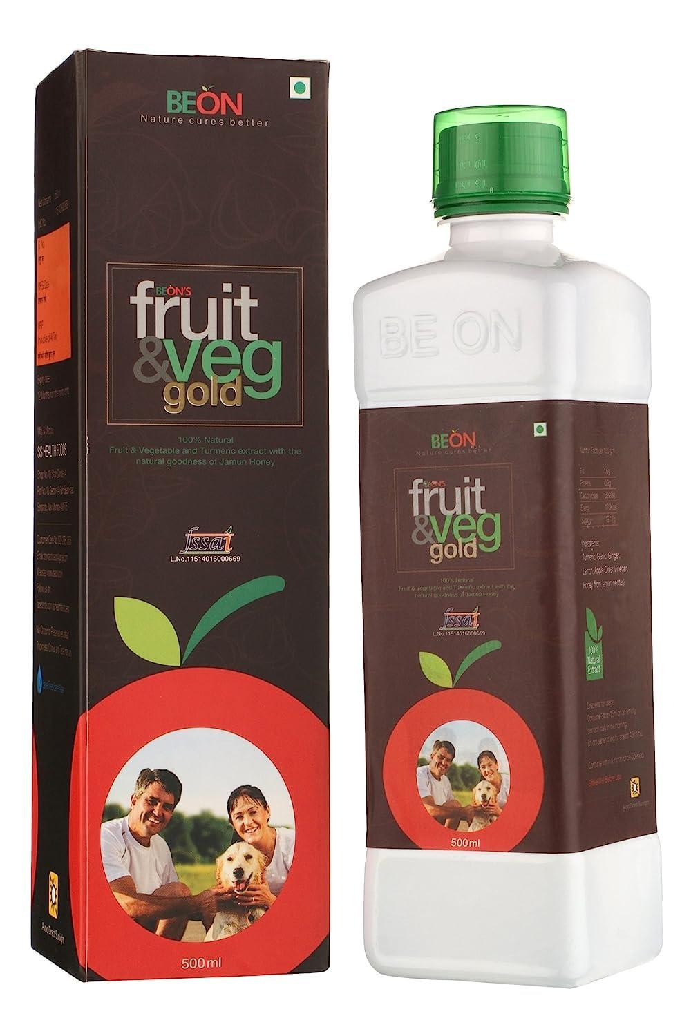 BEON Nature cures better BEON Fruit & Veg Gold with 100% Pure Natural Mixture of Seven Elements Turmeric, Garlic, Ginger, Lemon, Apple Cider Vinegar with Mother, Cinnamon & Jamun Honey - 500 ML (Pack of 2)