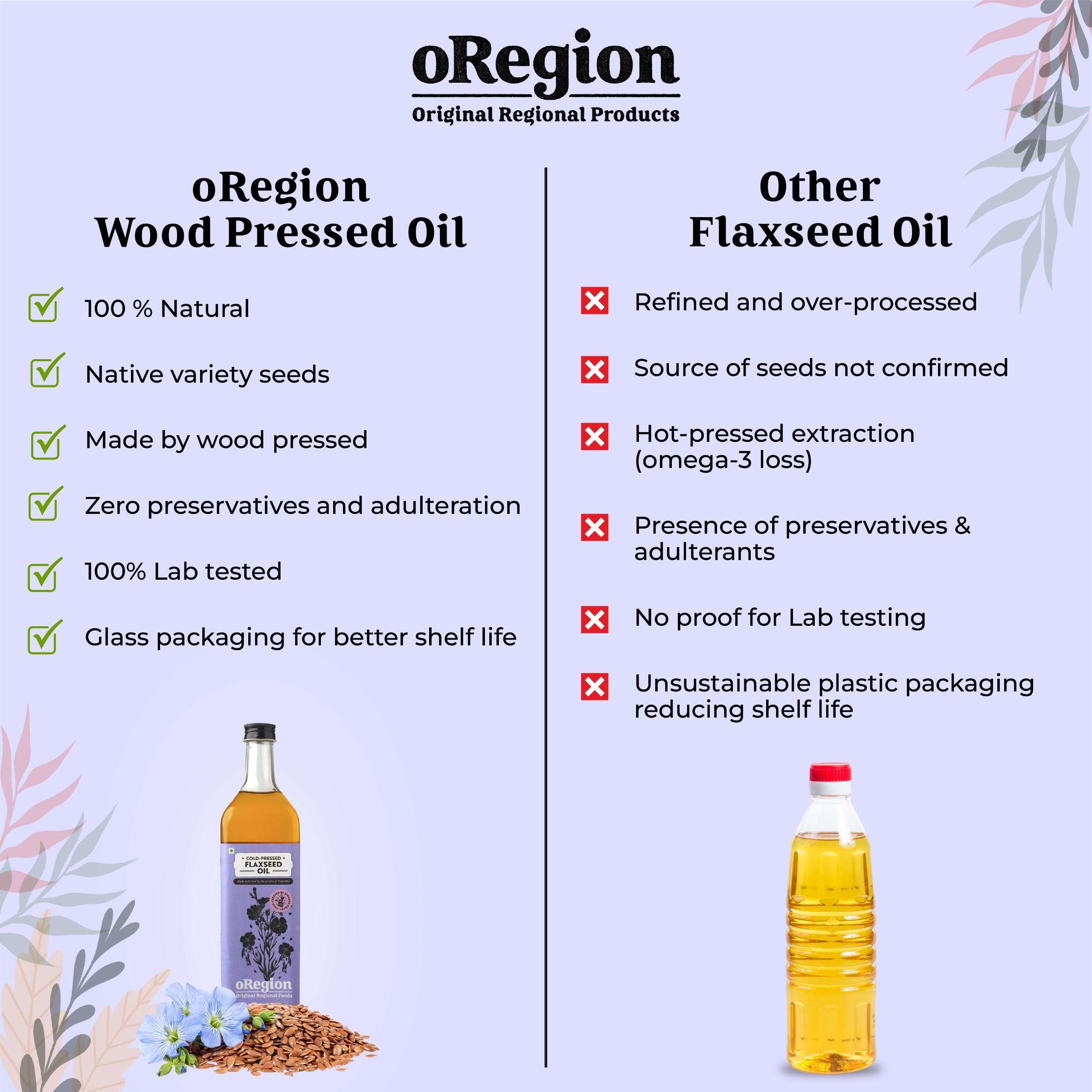 oRegion oRegion Cold Pressed Wood Pressed Flaxseed Oil(500 ml) | Kachi Ghani Alsi Ka Tel, Omega-3 Rich, Pure, Organic and Unadulterated Multipurpose, Good for Gut, Heart, Hair, Skin, Preservative Free, Glass Bottle