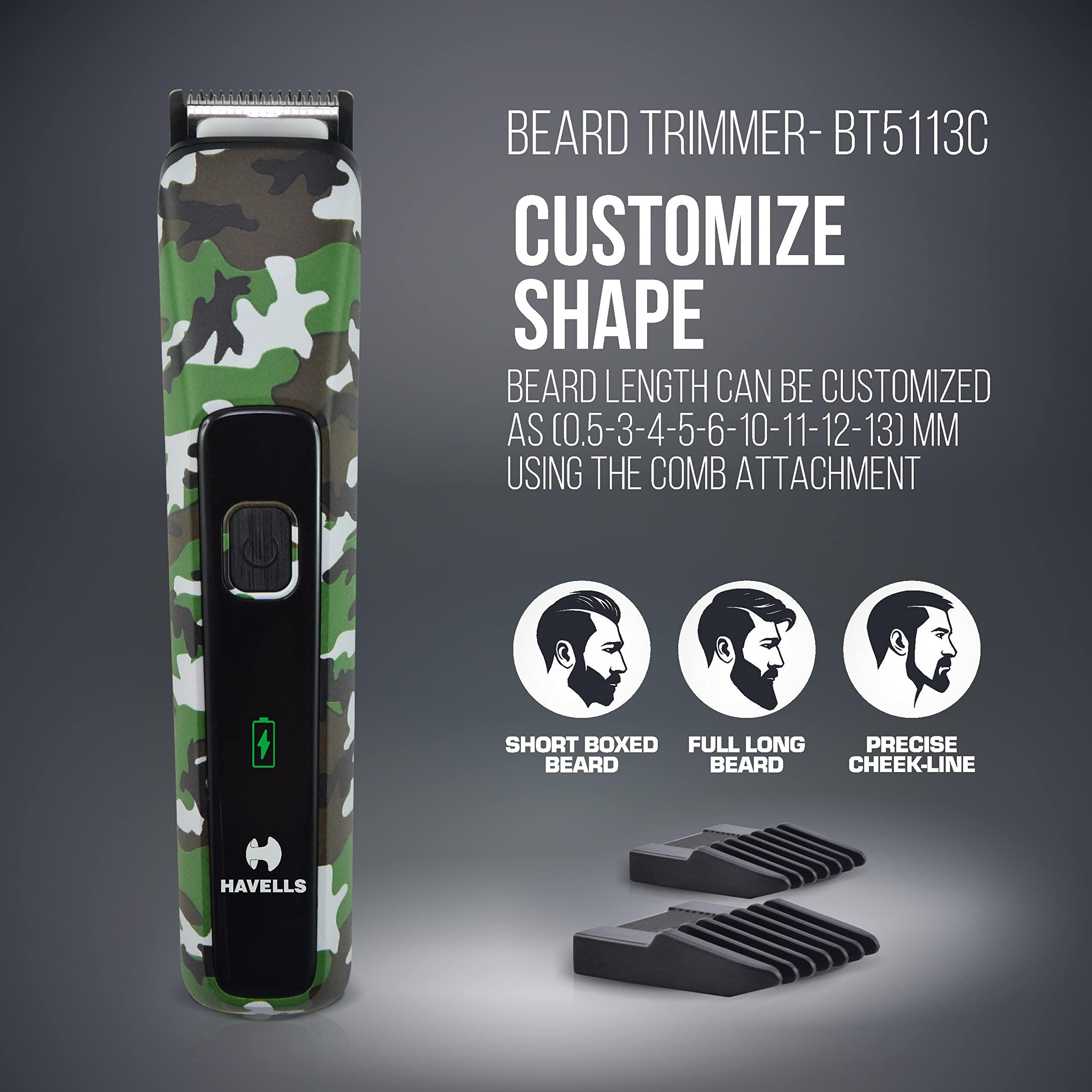 Havells Havells Bt5113 Rechargeable Beard Trimmer,Super Fast Charge,Trimming Lengths Upto 13 Mm For Multiple Styles (Military) (Black&Green),Men