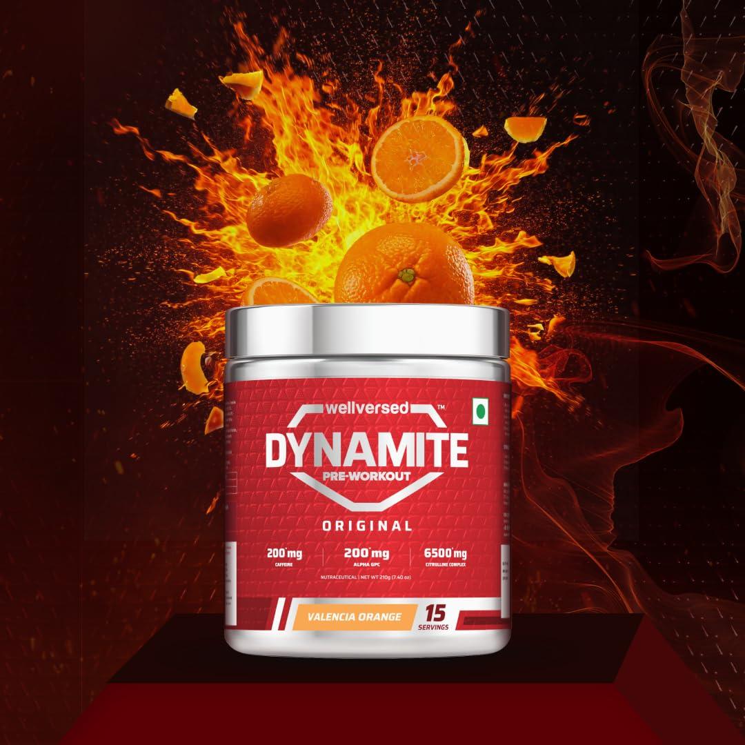 Wellversed Dynamite Dynamite Pre-Workout (210g, 15 Servings) | Valencia Orange | Pre-Workout For Men & Women With 200mg Alpha GPC | 200mg Caffeine | 6500mg Citrulline Complex | 1000mg Creatine