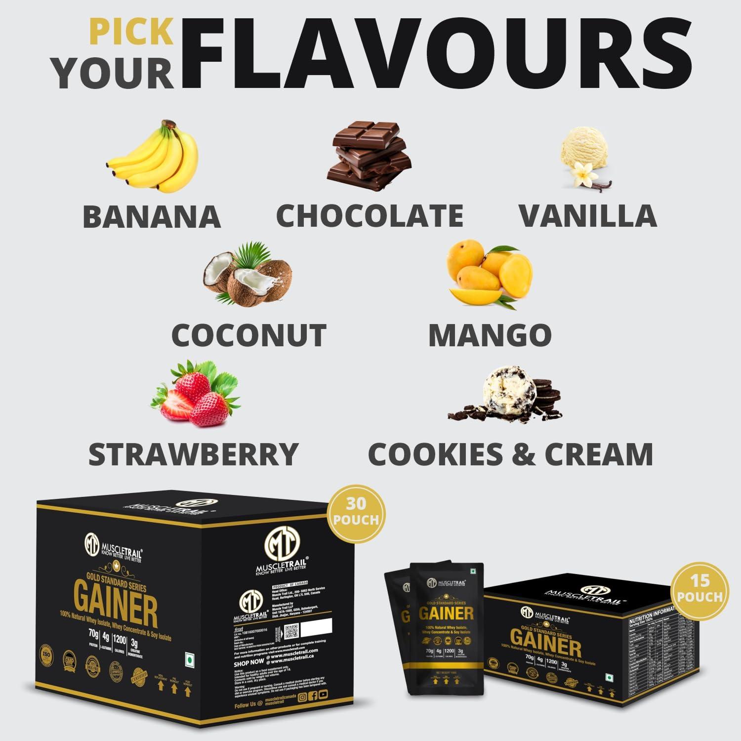 MUSCLETRAIL Muscle Trail Gold Standard Gainer Box Powder |30 pouches, 70g Protein | Composite Carbohydrates for Super Gain | 4g L-Glutamine, 1200 Calories, 3g Creatine Monohydrate (1.5kg, Strawberry)