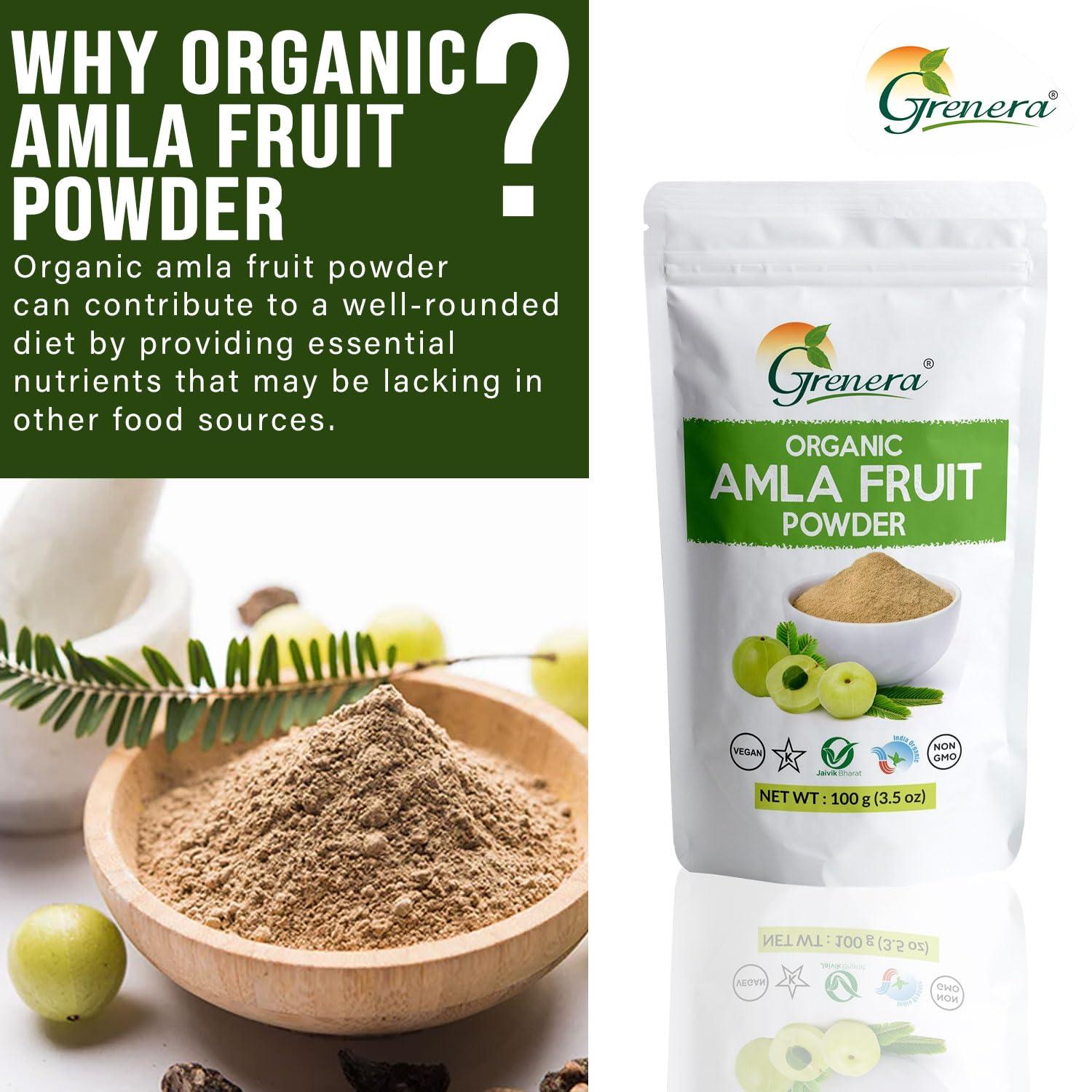 GRENERA Grenera Organic Amla Fruit Powder 100 grams for Multi purpose use. Indian Gooseberries for drinking and eating, no added preservatives