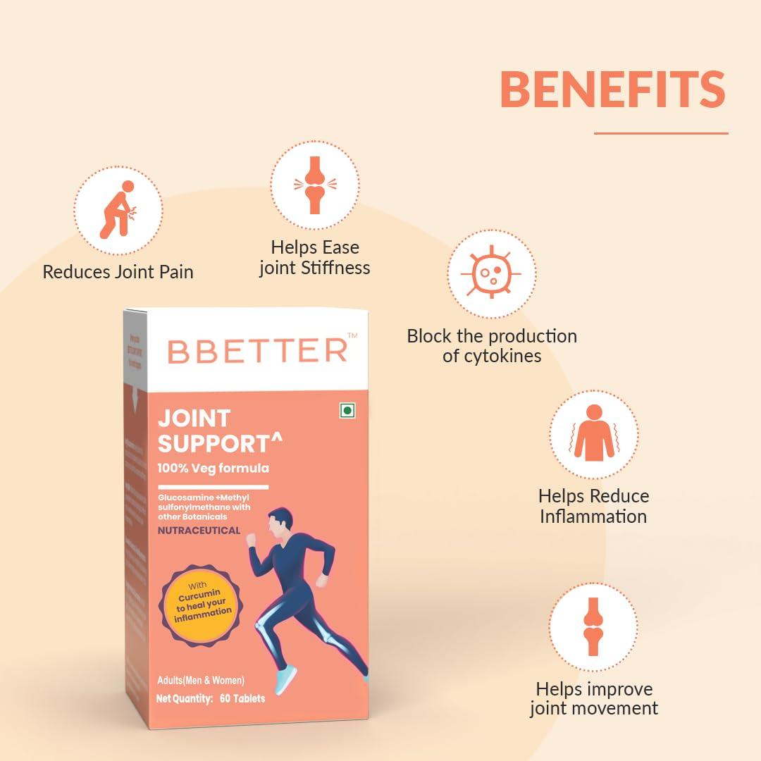 BBETTER BBETTER Joint Support Supplement - 100% Veg Formula with Veg Glucosamine, Boswellia Serrata, Veg MSM, Ginger, Rosehip extract and Curcumin for Women and Men (pack of 3)