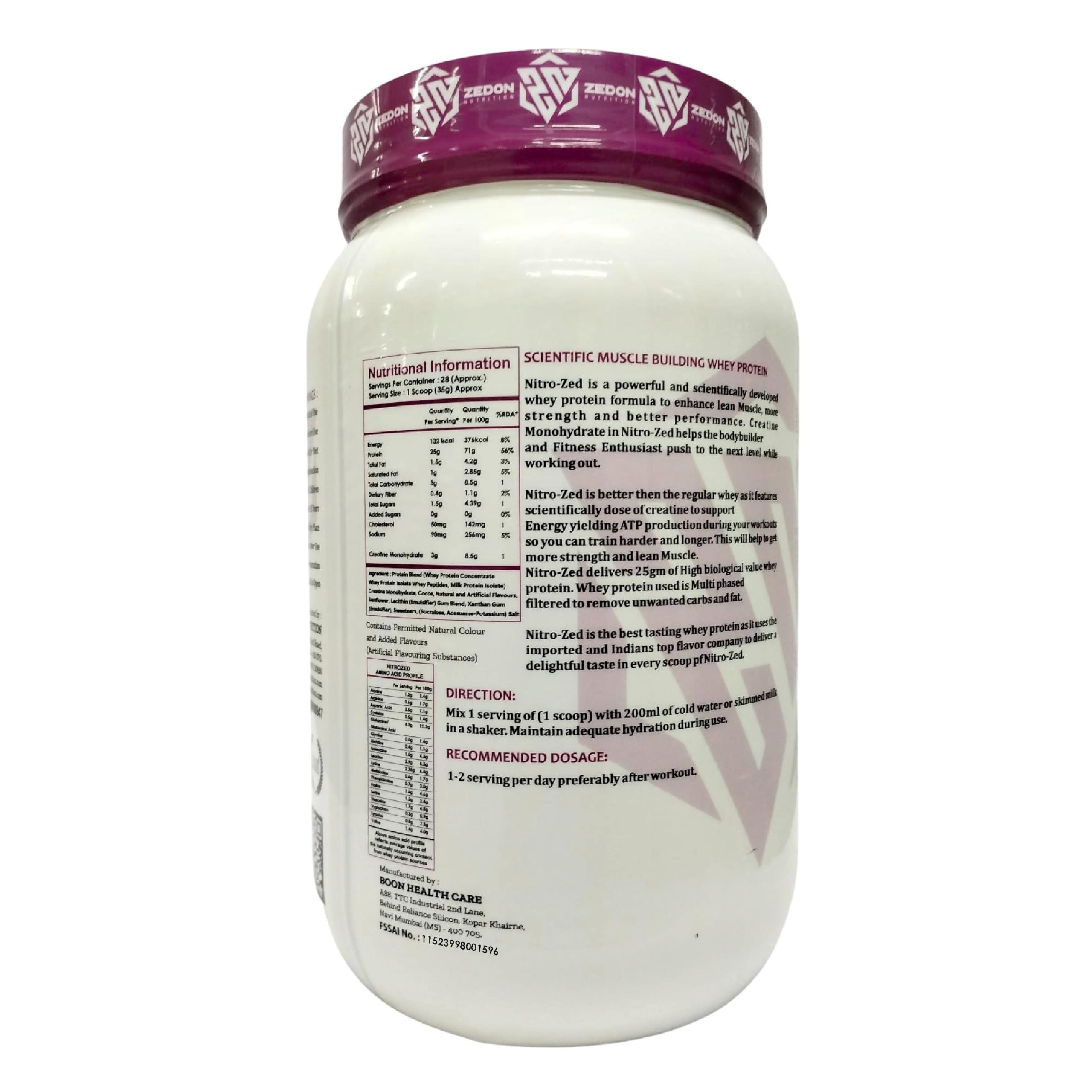 Zedon Nutrition Zedon Nutrition Nitro-Zed Whey Protein Powder, Whey Isolate & Concentrate 25g Protein, 5.8g BCAA | Muscle Gain, Strength, Recovery for Men & Women | Veg (Chocolate, 1 KG)
