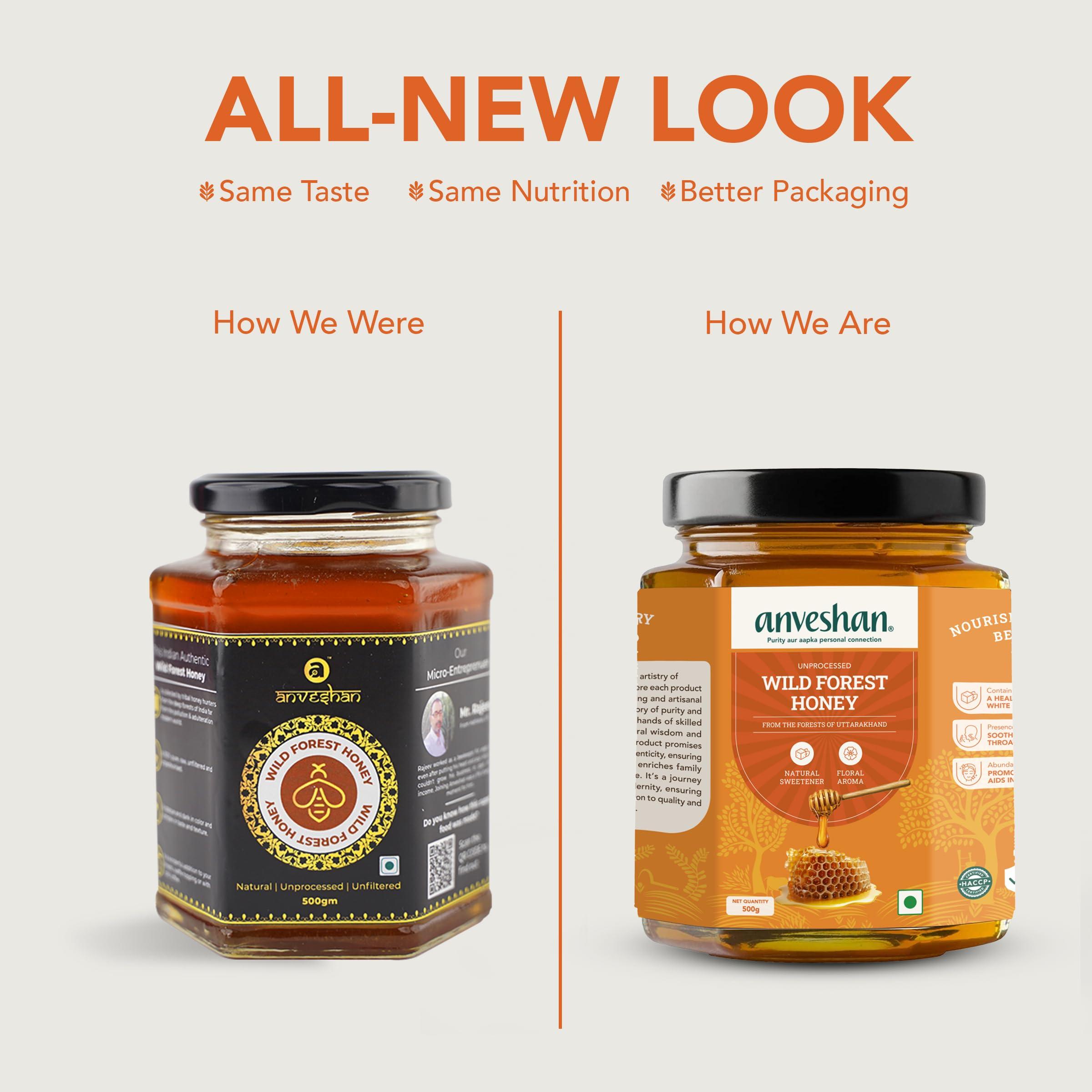 Anveshan Empowering farmers with technology Anveshan Wild Forest Honey 500g | Glass Jar | NMR tested | Raw & Unprocessed | No Added Sugar | Immunity Boosting