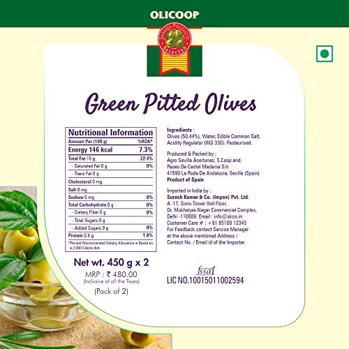 Olicoop Olicoop Green Pitted Olive, 450g, Pack of 2, Produced in Spain