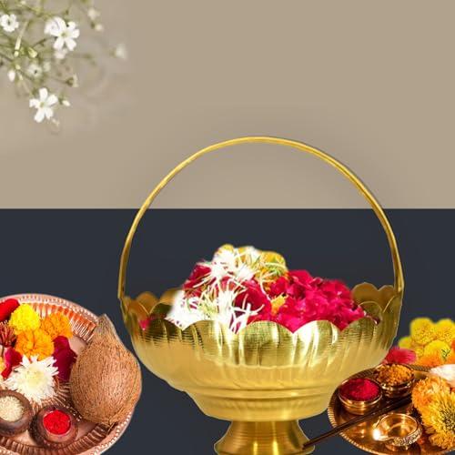 Shrinika Shrinika Traditional Brass Flower Basket | Pooja Basket | Brass Hanging Flower Basket | Brass Pookoodai | Pital Fuler Saji | Dalia Made of Brass Material with Handle - 8 inch for Pooja - Home Decor.