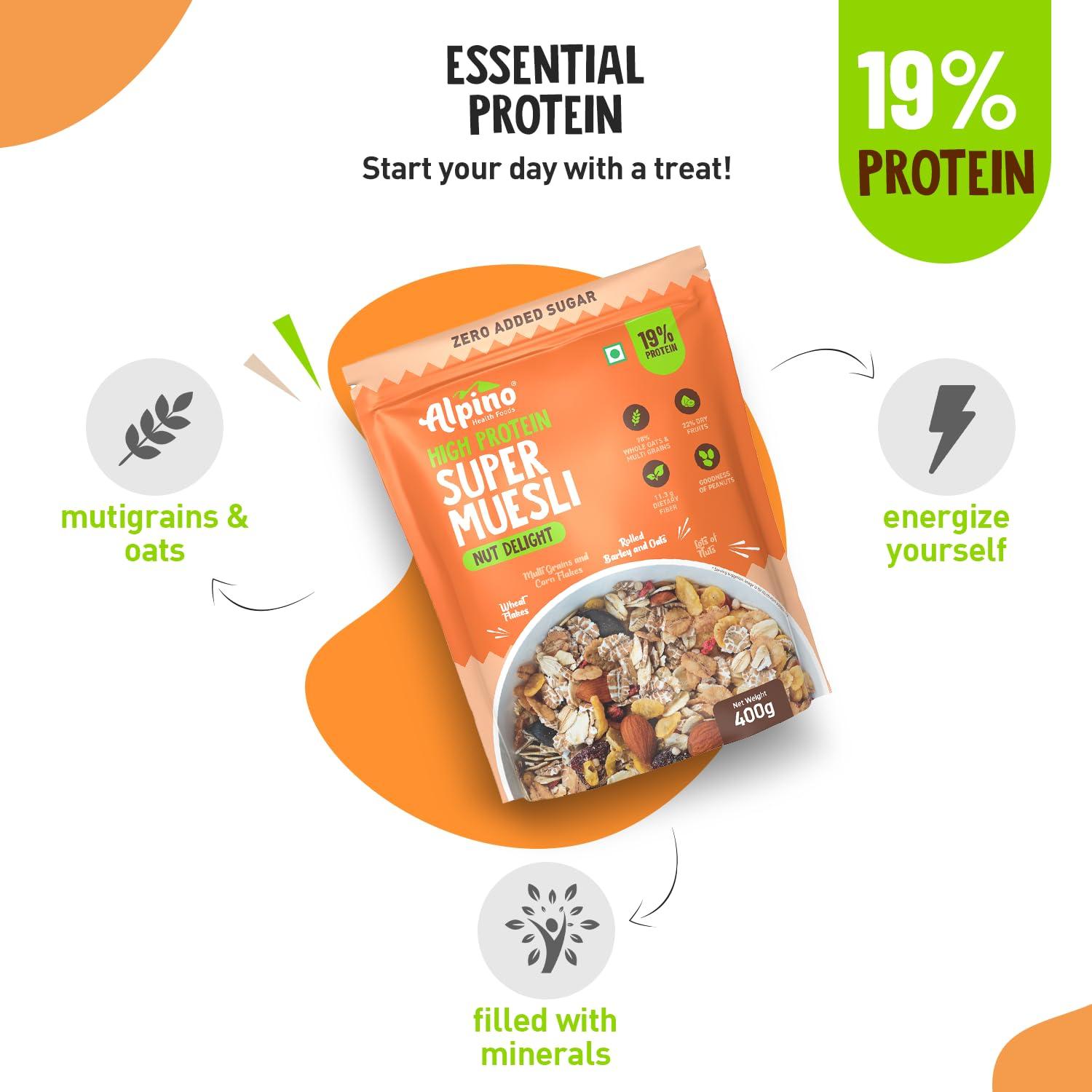 Alpino ALPINO High Protein Diet Super Combo - Natural Peanut Butter Crunch 1kg, Super Muesli Nut Delight 400g, Chocolate Peanut Butter Smooth 1kg