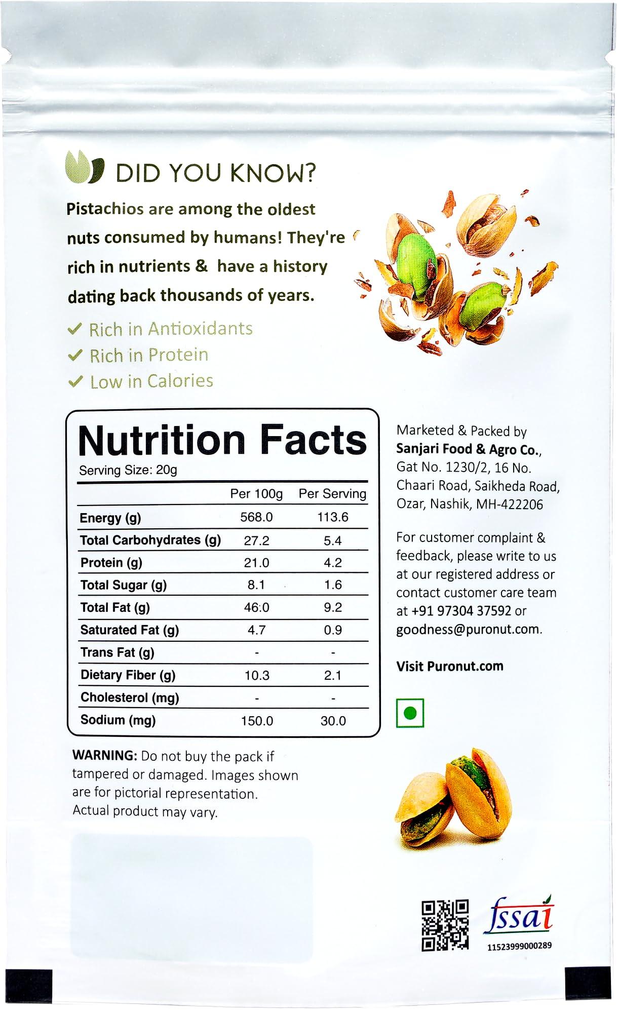 PURO NUT Puronut 100% Natural Premium California Roasted & Lightly Salted Pistachios, Pack of 1 (200g) | Pista Dry Fruit | Tasty & Healthy | High in Protein & Dietary Fiber | Gluten Free & Low Calorie Nuts