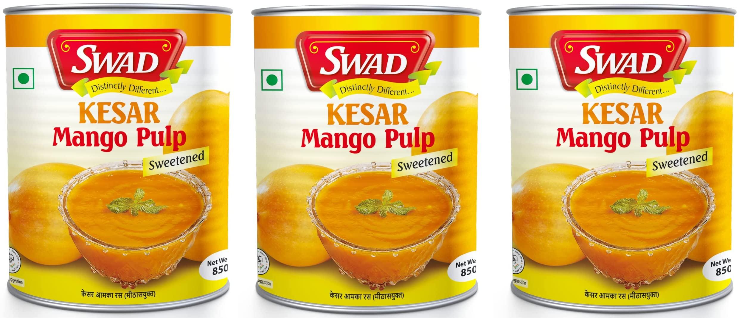 SWAD SWAD Kesar Pure Mango Pulp/Aamras Tin with No Added Preservative Sweetened - 850 Grams Pack of 3