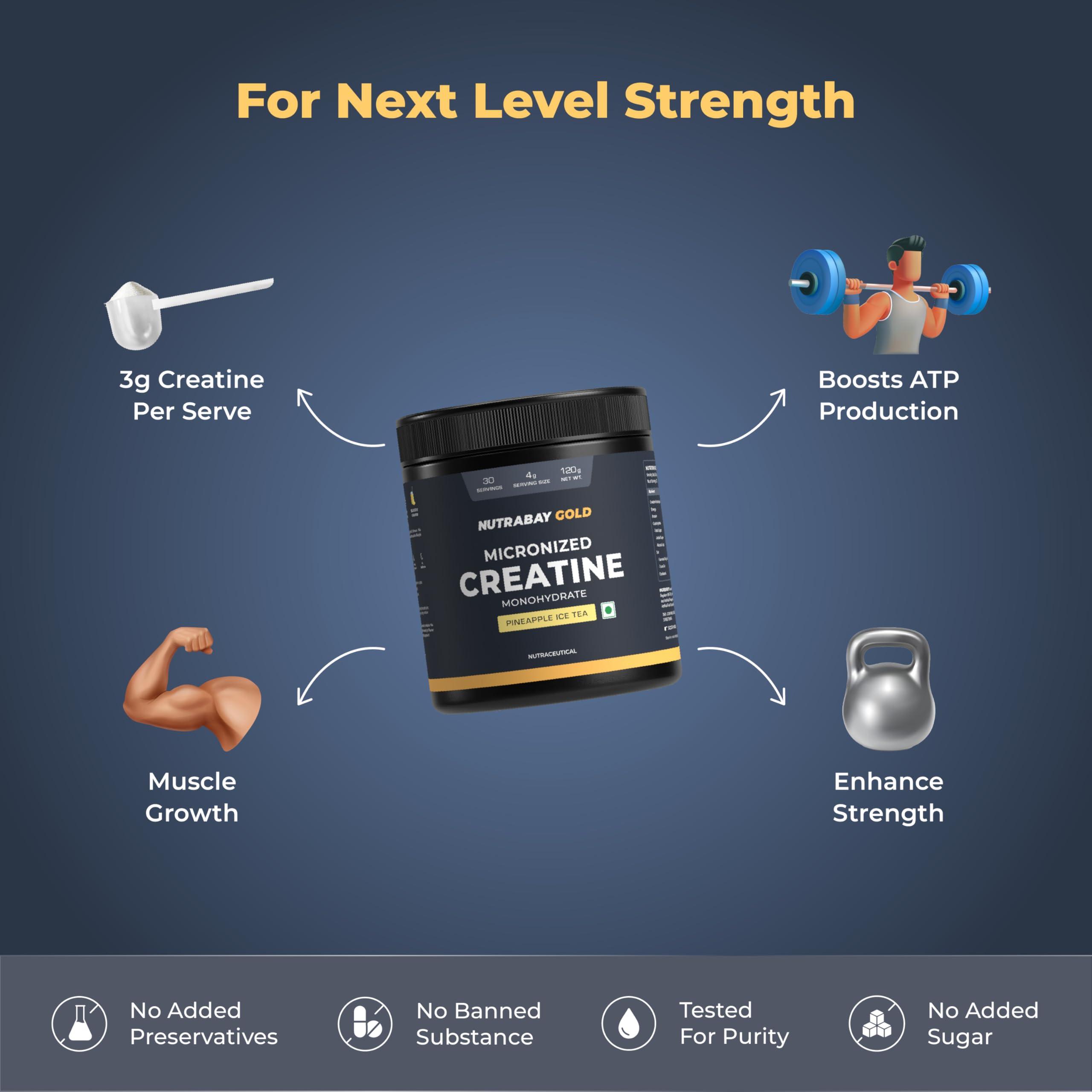 Nutrabay Nutrabay Gold Micronised Creatine Monohydrate-120Gram,Pineapple Ice Tea Powder Flavor Pre/Post Workout Supplement,Muscle Repair&Recovery Supports Performance&Power Flavoured Creatine Amino Acid