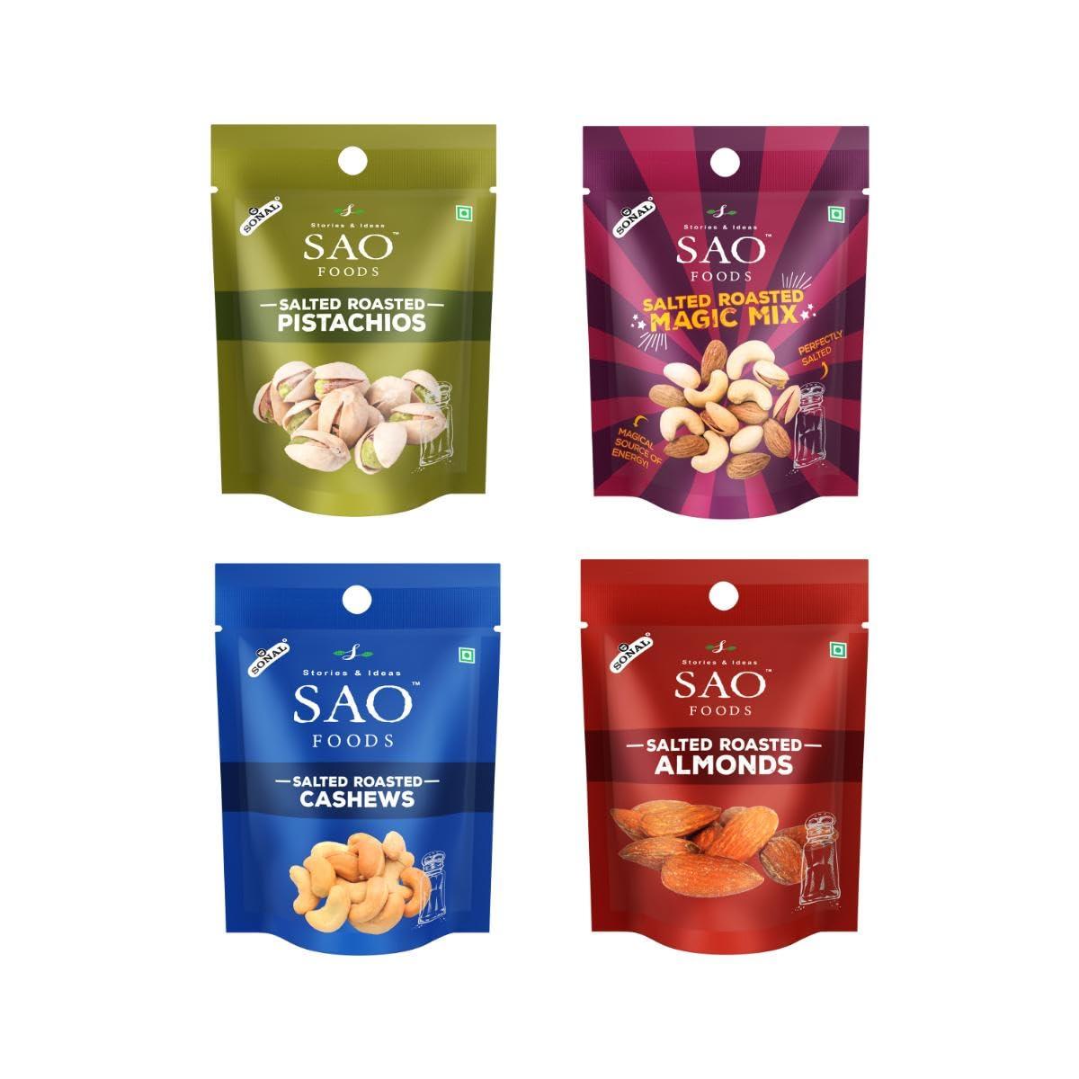 Stories & Ideas SAO Foods Stories & Ideas SAO Foods Roasted & Salted Assorted Dry Fruits Box Snacking Packs Of 12 Grm Each,Magic Mix: 8 Small Packs + Almonds: 4 Small Packs + Cashews: 4 Small Packs + Pistachios: 4 Small Packs