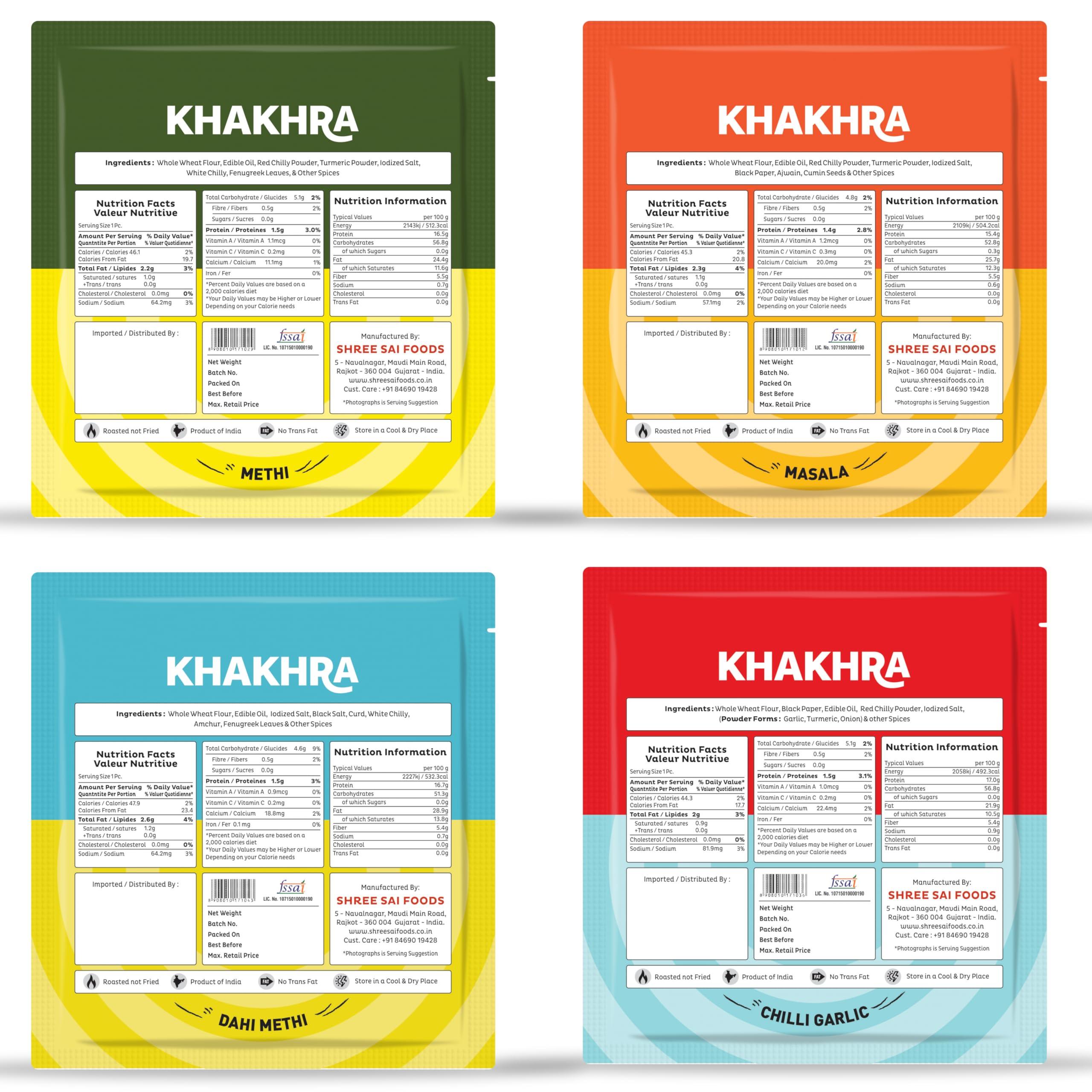 Yummy Tummy 18 Exotic Flavour Mini Square Khakhra | 2 Flavour each of Pizza, Manchurian, Pani Puri, Pav Bhaji, Dahi Methi, Chilli Garlic, Jeera, Methi, Masala | 18 x 45 grams = 720 grams