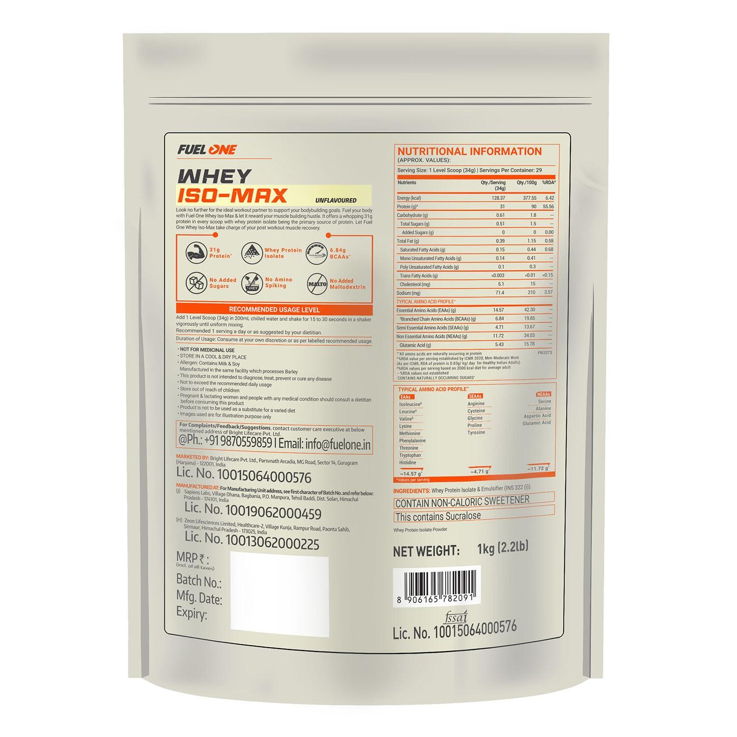 FUELONE FUELONE Whey Iso-Max (Unflavoured, 1kg / 2.2lbs) with Shaker (Black, 500ml) | Whey Protein Isolate | 31g Protein | Combo Pack