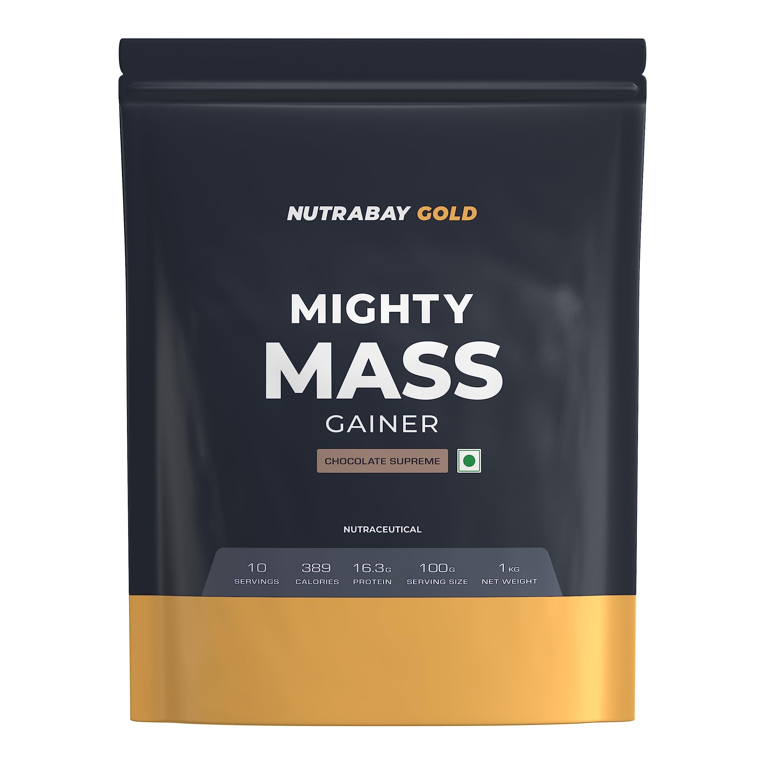 Nutrabay Nutrabay Gold Mighty Mass Gainer Powder - 1kg, Chocolate Supreme | 16.3g Protein, 78g Carbs, 389 Calories | 100% Veg | Vitamins & Minerals Rich Muscle Building Supplement for Men & Women