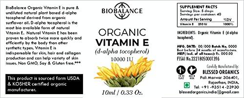 Bio Balance Bio Balance Organic Vitamin E, d-alpha tocopherol, 10,000 IU, Derived form Organic Sunflower Oil, 100% Pure & Undiluted, Soy/Gluten/GMO Free, Glass Bottle 10ml