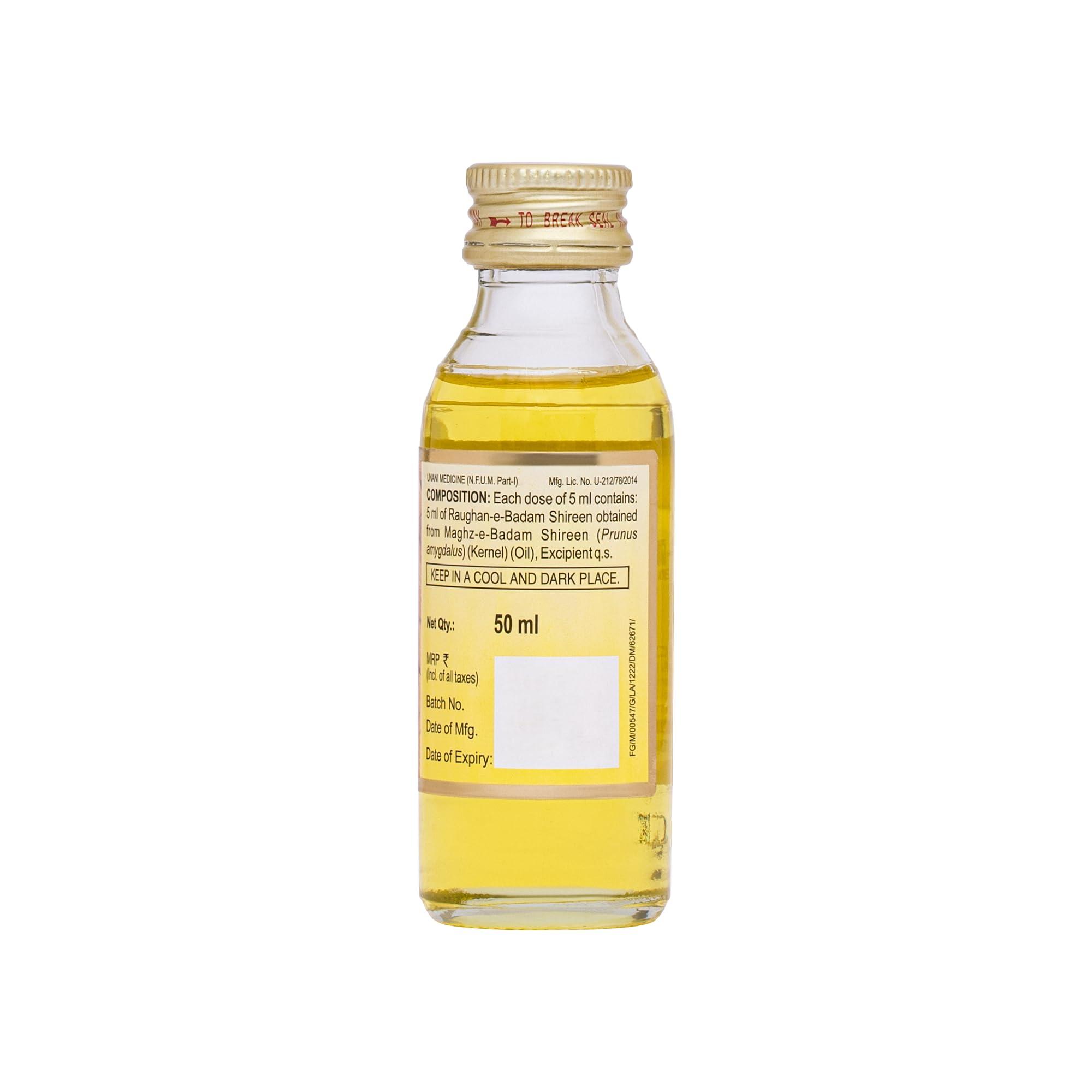 Hamdard Hamdard RAUGHAN-E-BADAM SHIREEN Sweet Almond Oil for Body, Skin & Hair | 50ml | Natural Almond Oil | Helps Enhance Memory | Helps Relieve Constipation | Helps Build Stronger Muscles | Pack of 1