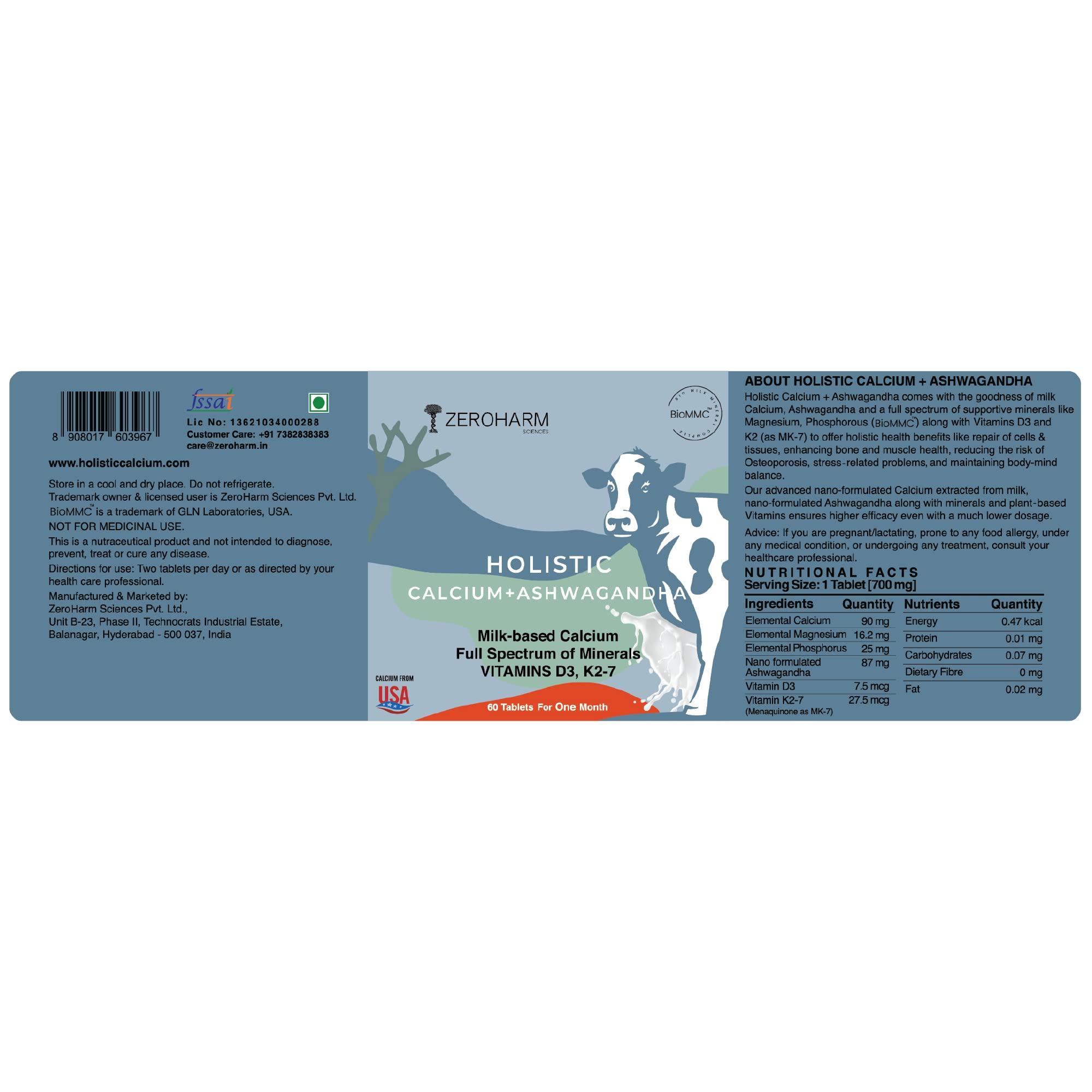 ZEROHARM ZEROHARM Holistic Calcium and Ashwagandha Tablets - For Muscles, Bone and Joint Health - Helps Relieve Stress and Anxiety - 120 Tablets - 700mg