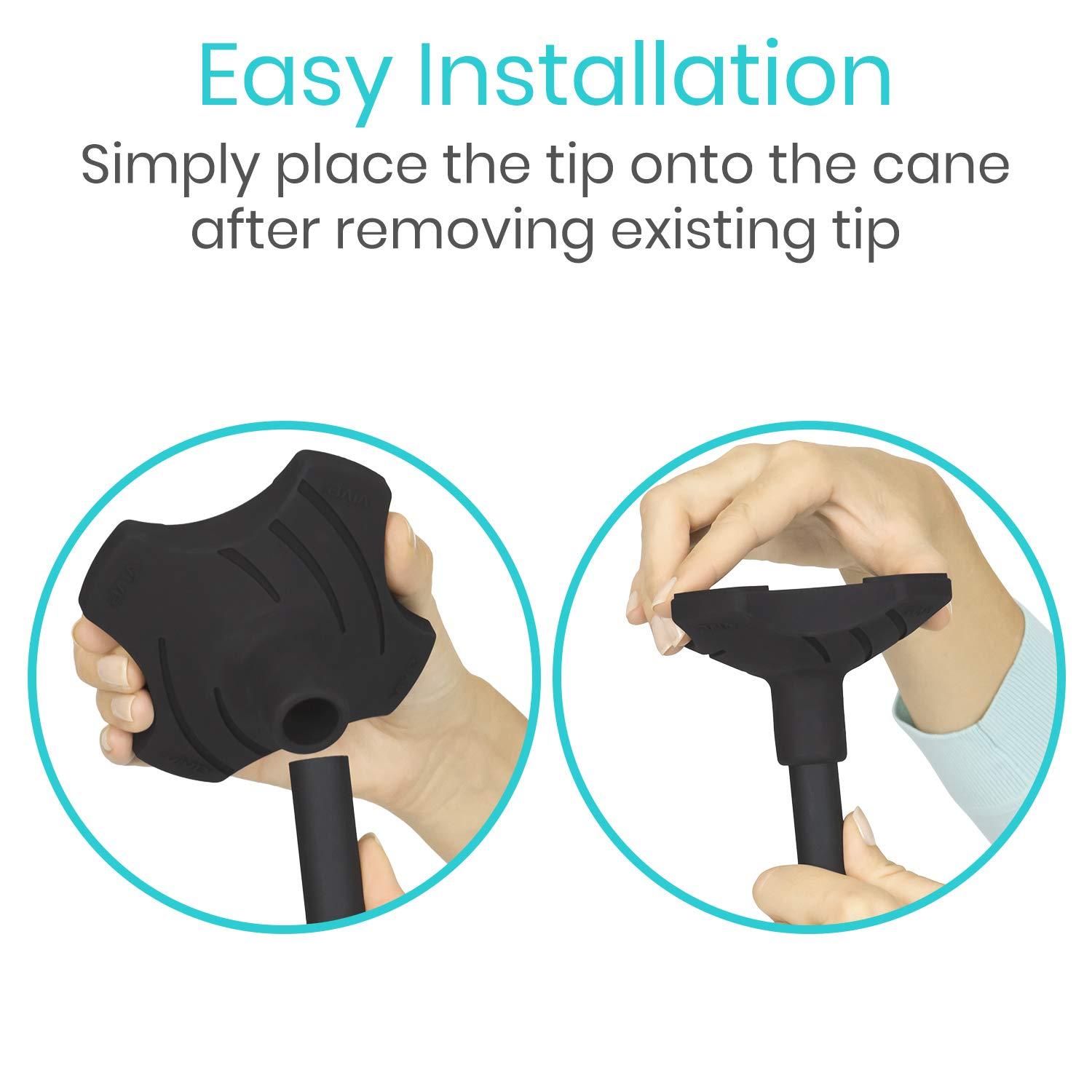 VIVE Vive Self Standing Cane Tip - 3/4 Inch Replacement - Heavy Duty Rubber Quad Base for Walking, Folding & Medical Canes - Stable Grip Traction Attachment - for Men, Women, Elderly & Seniors (Black)