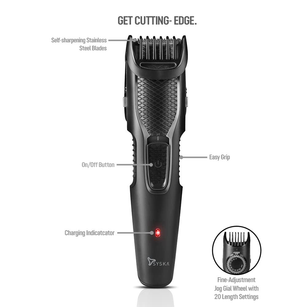 SYSKA Syska HT200 PRO Beard Trimmer for Men, Cordless, USB Rechargeable Trimmer with Washable Head, 20 Length Settings, 45 min Run Time (Black) 2 year warranty