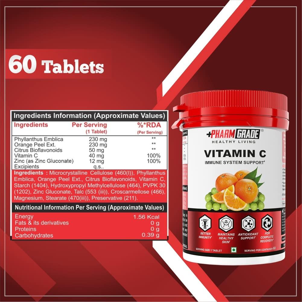Pharmgrade PharmGrade Healthy Living Vitamin C 500mg Tablets From Natural Fruits Immunity Supplement For Men and Women | Antioxidants | Skincare | Immunity Booster | Phyllanthus Emblica ( Amla Ext) 230mg | Orange peel extract 230mg | Vitamin C 40mg | Zinc 12mg