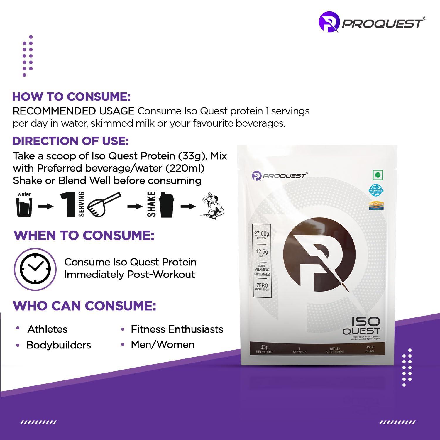 PRO QUEST ProQuest Iso Quest Whey Protein Isolate (Caf Brazil, 33g / Single Serving Sachet) | 27g Protein Per Scoop | Low Fat & 12.5g EAA | Lab Tested & Easily Digestive | Faster Muscle Support & Recovery