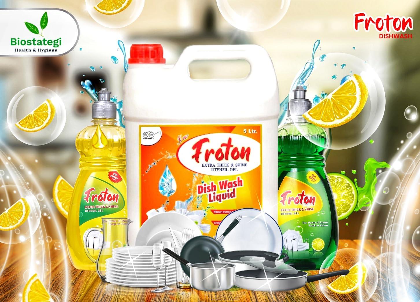 Froton Froton Dishwash Liquid,Pure Lemon Extract Dishwash Liquid,Non Acidic Safe on Hands Pure Extract of Lemon Dishwash Liquid 5 Litre & 250 ml Free pack