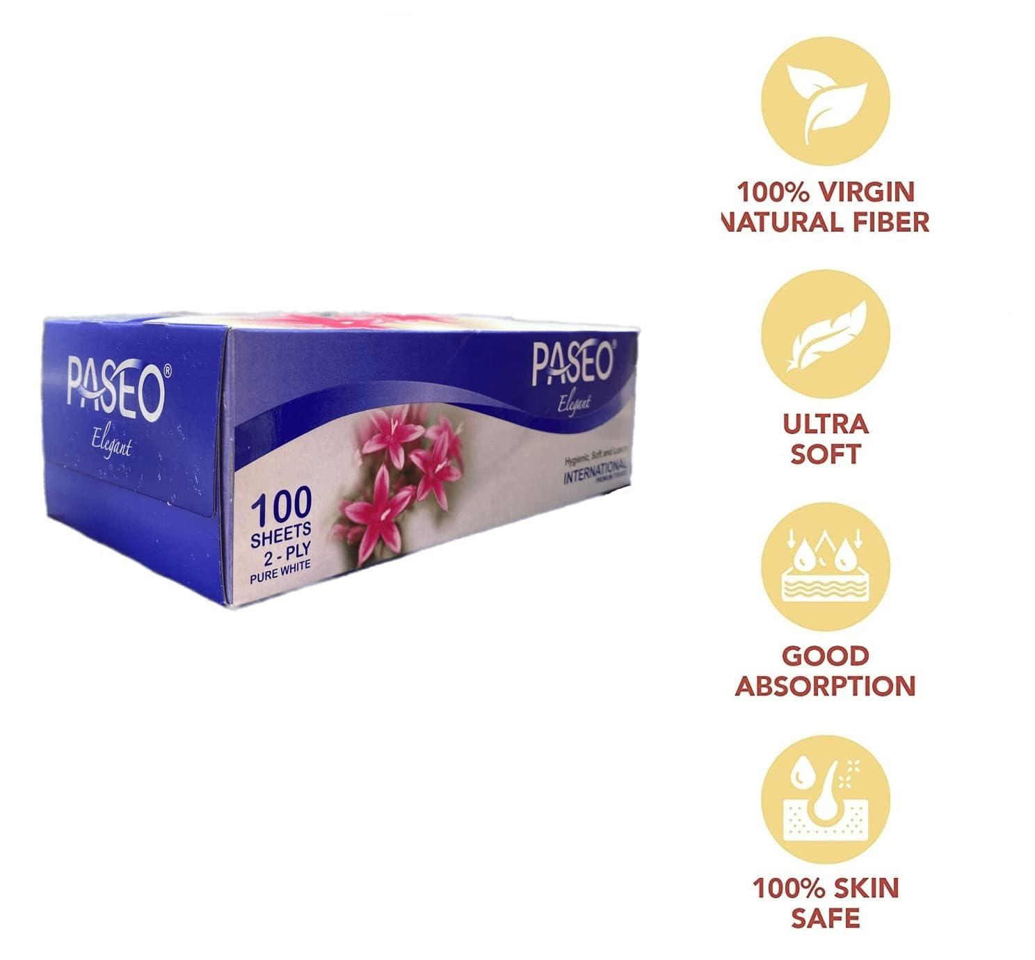 PASEO Paseo Elegant 2-Ply International Premium Facial Tissues, Hygienic, Soft and Luxury (19.5x20cm Each Sheet, 100 Sheets Each Box, White, 8 Boxes)