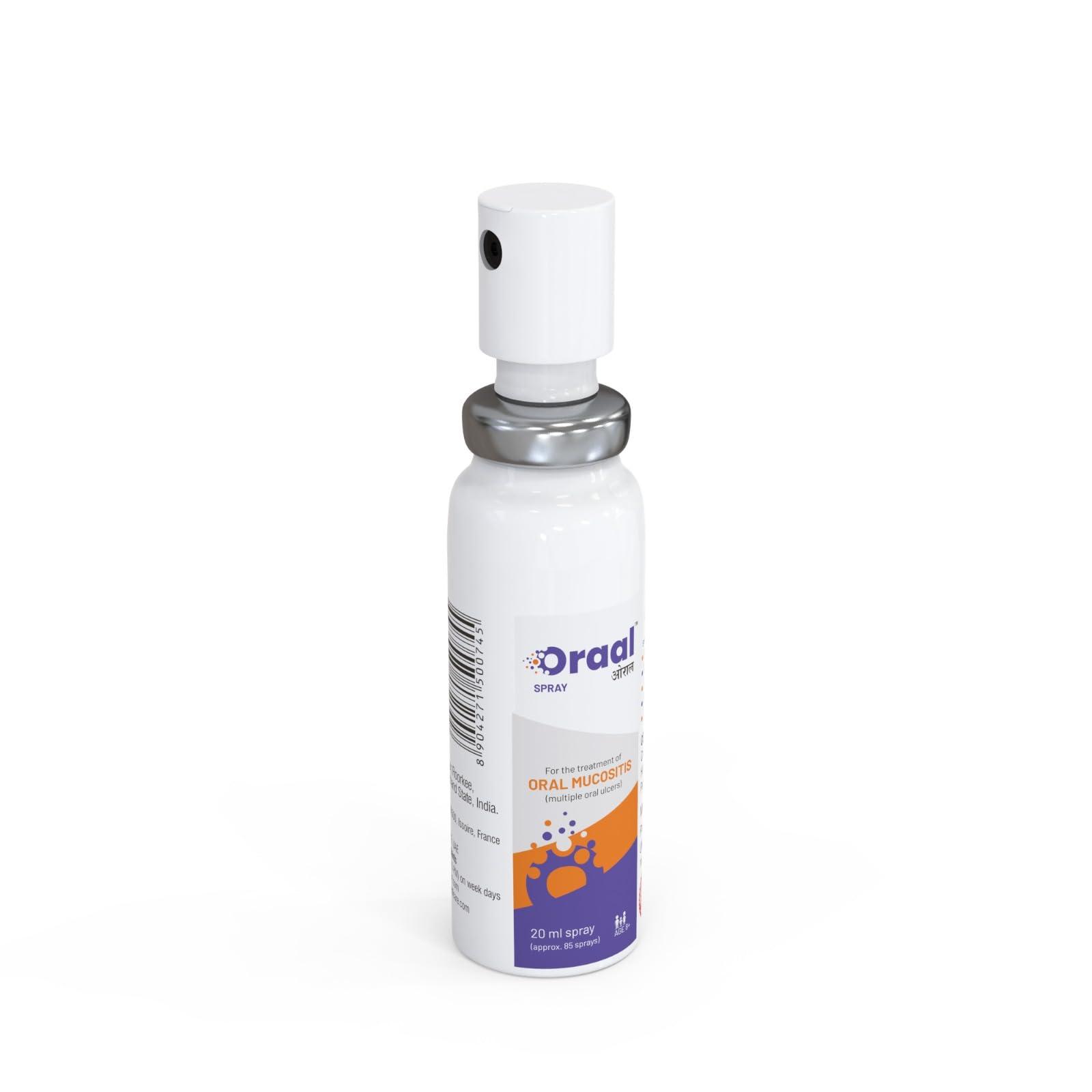 ORAAL ORAAL SPRAY 20ml mouth spray| Mouth Ulcers|Oral Mucositis |Mouth Sores| 100% relief |No Colors| No Alcohol| Suitable for all ages above 8Yrs| 20ml | Pocket friendly Pack| 100% Natural & Patented