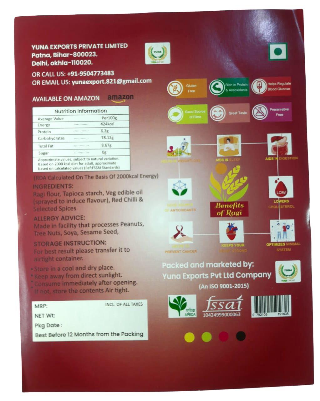 Yuna Exports Pvt Ltd Teasty And Crunchy Millet Chips To Enjoy The Fun,Chips To Change Your Mood,Crunchy chips,Ragi Chips,Peri Peri Chips,100gm Chips,Chips (Ragi Chips Masala)