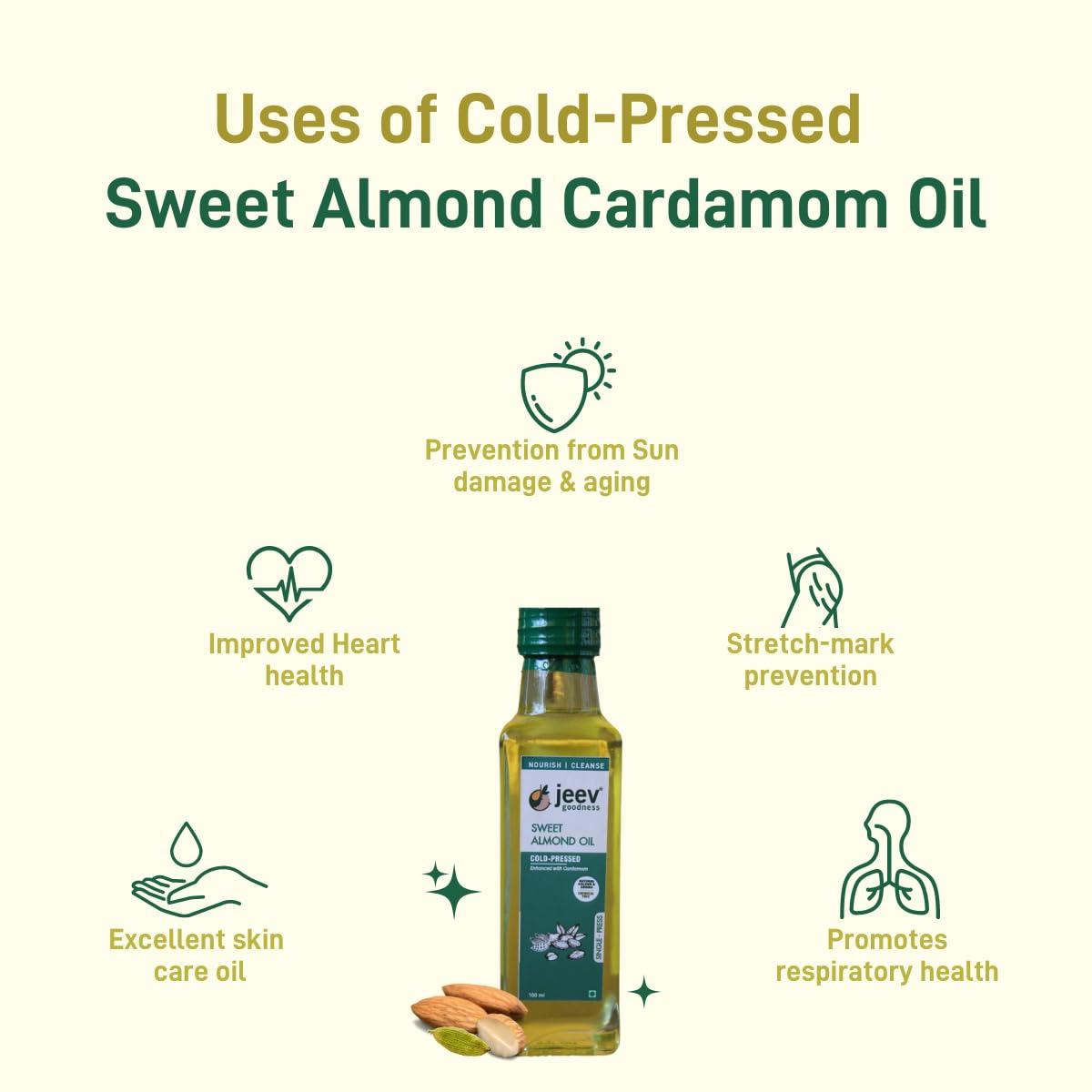 JEEV GOODNESS Jeev Goodness Cold-Pressed Sweet Almond Cardamom Oil | Single Pressed from Chemical Free Sweet Almond and Cardimum | Chemical Free| Natural Filtering | Multi-Benefit Oil for Cooking & Self care (100 ml PET)