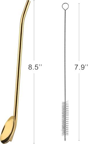 Generic 6 Pcs Stainless Steel 2-in-1 Straw Cum Spoons | Reusable Straw Spoons | Long Spoon Straws for Ice Tea, Milkshake, Drinks (Golden, 6 Straws and 1 Cleaning Brush)