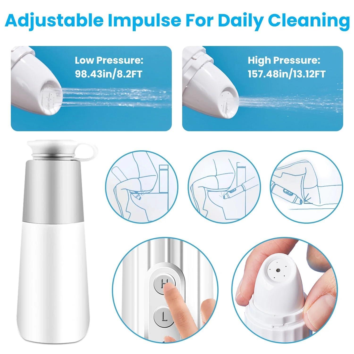 DOCAT DOCAT Handheld Portable Bidet Spray Bottle for Toilet Retractable Bidet Angled Nozzle Jet Spray for Personal Hygiene Care with 2 Nozzles and Travel Pouch Bag (4 Modes Electric)