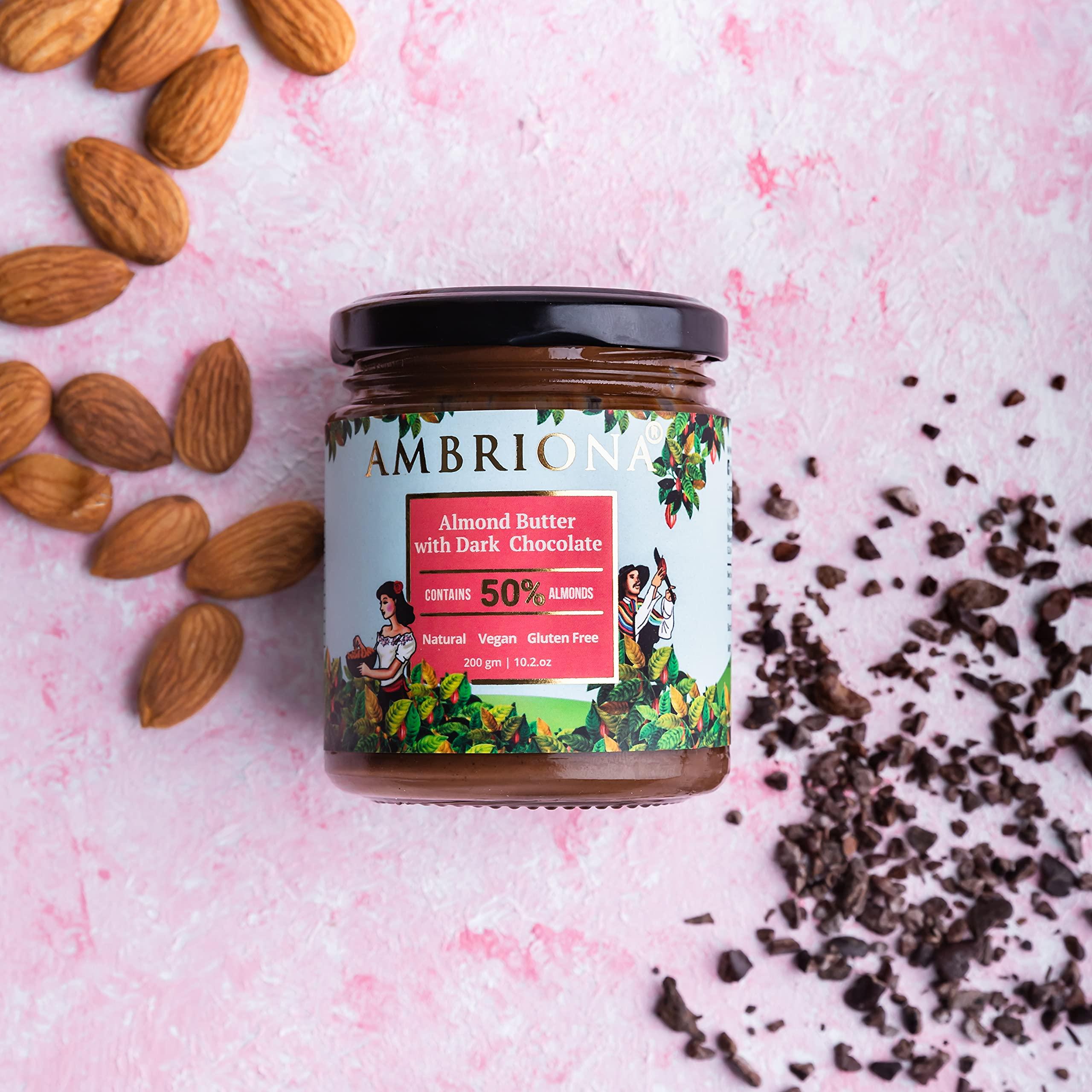 AMBRIONA Ambriona Vegan Almond Butter with Dark Chocolate | Gluten Free | Keto Friendly | 100% Natural | No Palm Oil | Healthy Chocolate Spread | 50% Almond Content | 200gm