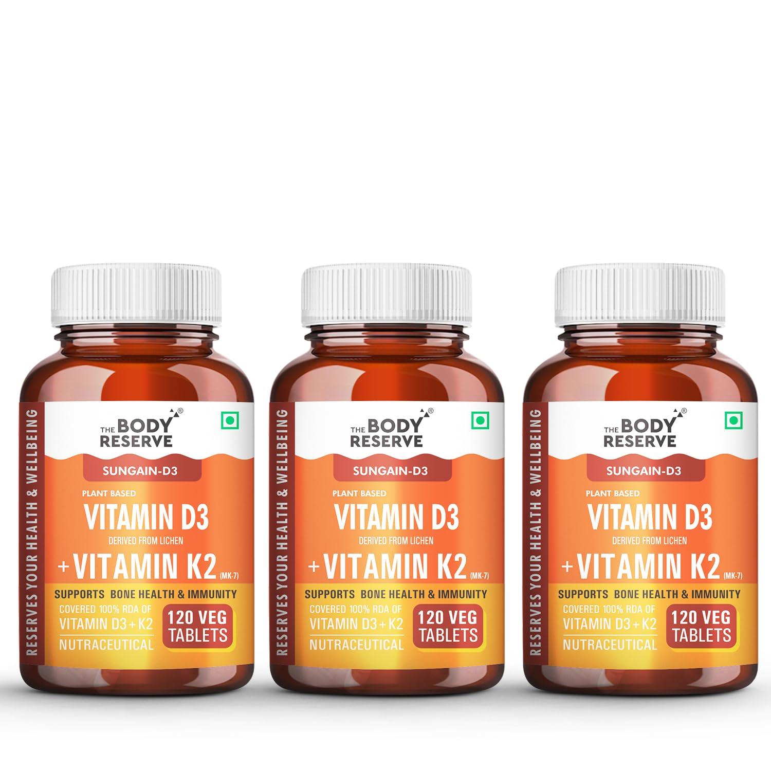 The Body Reserve \"\"\"The Body Reserve Vitamin D3 K2 MK7-120 Veg Tablets, 100% RDA Plant-Based Vitamin D3 Supplement from Lichen Source with Vitamin K2 as MK7 Menaquinone, Pack of 3\"\"\"