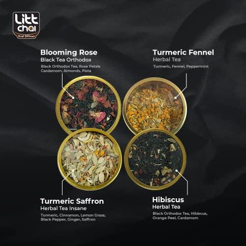 Litt Chai Litt Chai | Turmeric Saffron, Blooming Rose, Hibiscus Rush, Turmeric Fennel - (Pack of 4) | Herbal Tea for Immunity | Extra Strong Leaves | Pure and Authentic | Black Tea
