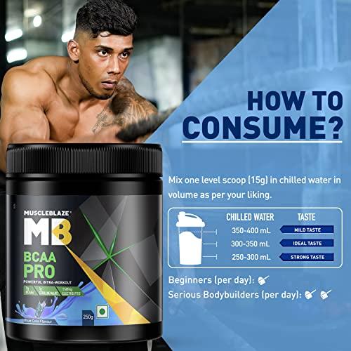 MuscleBlaze MuscleBlaze BCAA Pro, Powerful Intra Workout, with 7g Vegan BCAAs, 1169 mg Electrolytes, 1 g Citrulline (Blue Cola, 250 g, 20 Servings)
