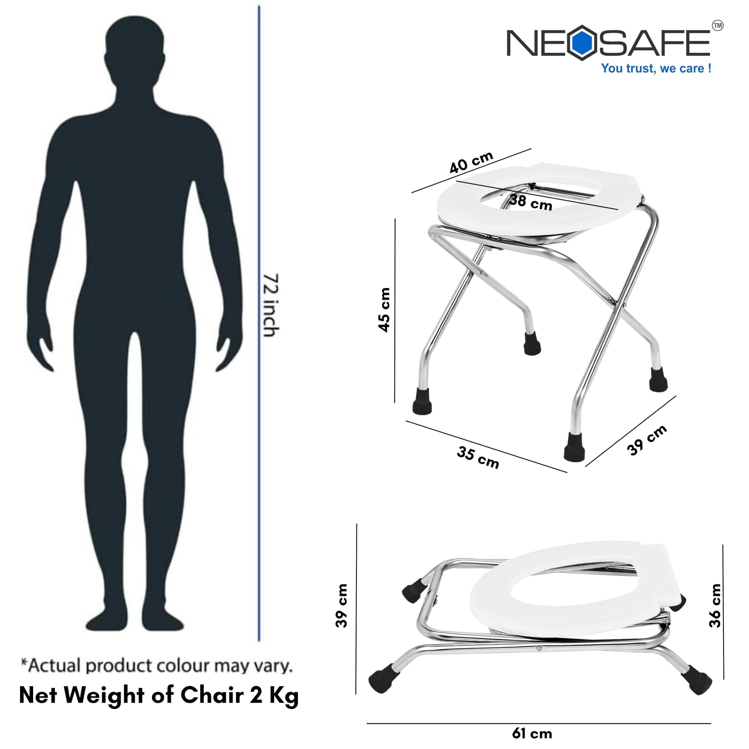 NEOSAFE NEOSAFE Stainless Steel Premium Folding Shower Bathing Room Commode Stool Indian Toilet Seat for Elderly Disabled Man and Pregant Women Support Safe Chair Anti-Slip (White)