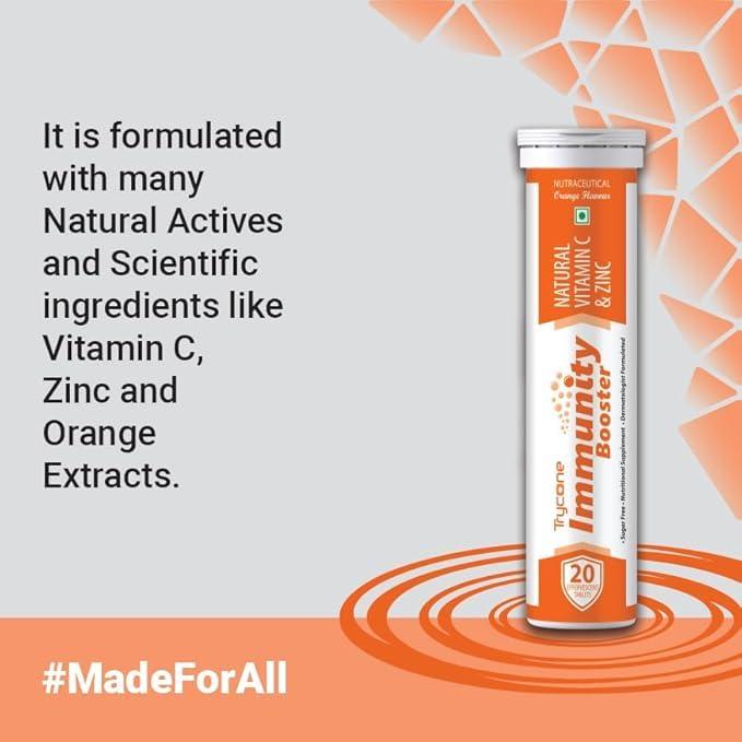 TRYCONE Trycone Immunity Booster for Adults with Natural Vitamin C from Amla Extract & Zinc Antioxidant Immunity Booster Skin care - 60 Effervescent Tablets Orange Flavour