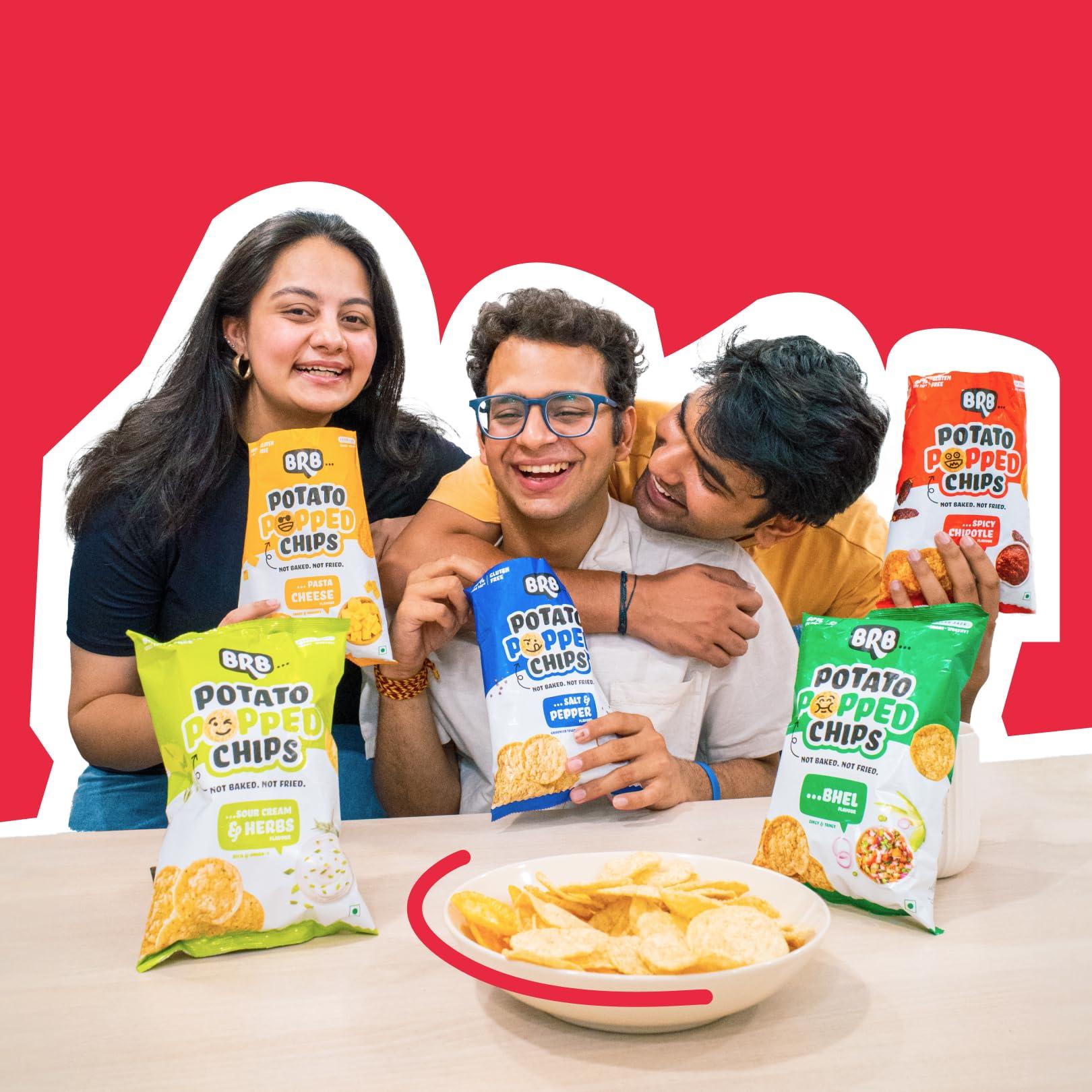 BRB BRB Popped Potato Chips | Not Baked, Not Fried | 8 Packs X 52 Grams | 2 Flavours - Bhel (4) & Sweet Chipotle (4) | 60% Less Fat | Low Calorie | Healthy Snack