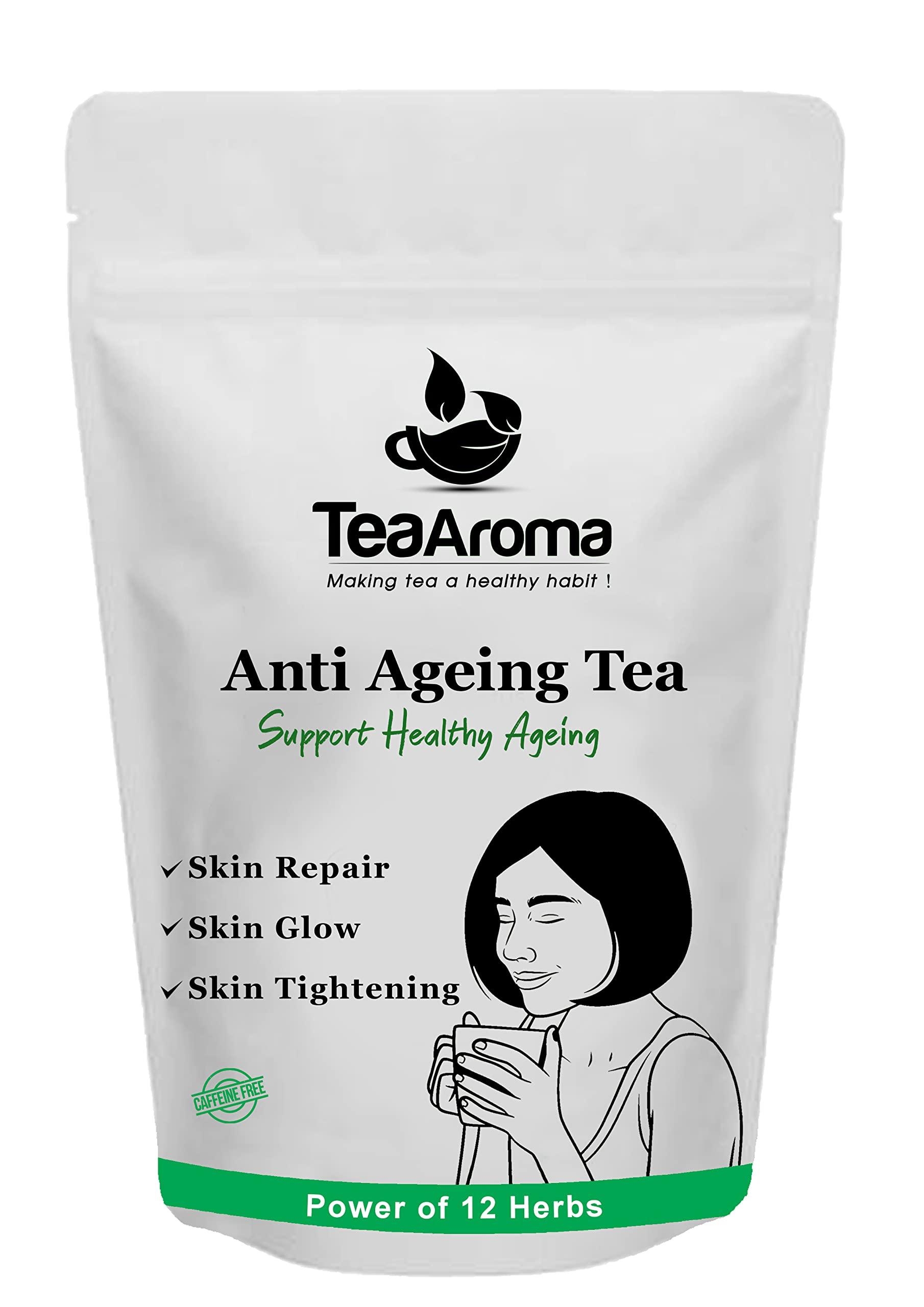 Tea Aroma - Making tea a healthy habit ! Tea Aroma - Anti Ageing Tea - Caffeine Free Tea With 12 Powerful herbs helps in Skin Tightening, Skin Glow, Hair Strengthening - Rich in Antioxidants - 50 g