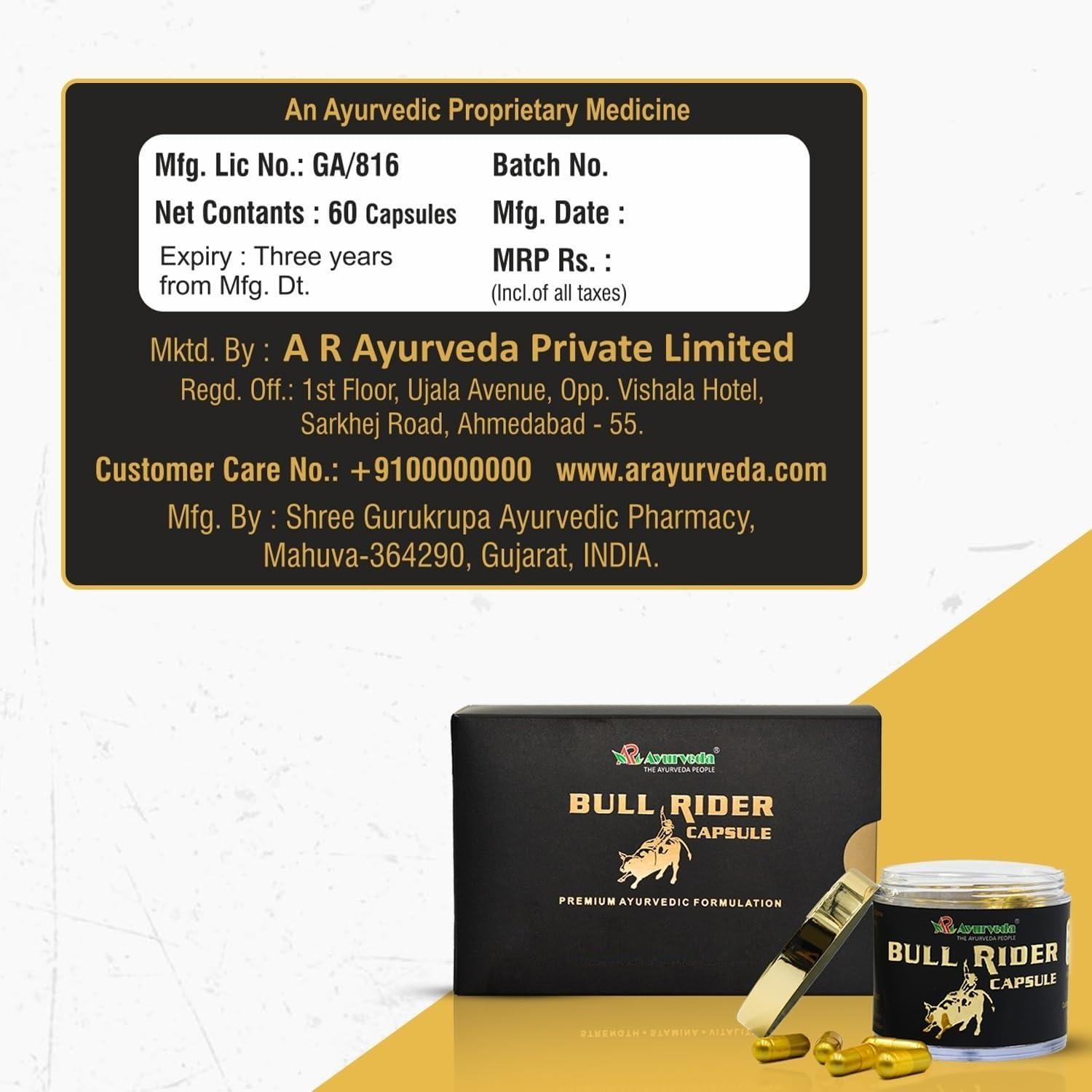 A R Ayurveda A R Ayurveda Bull Rider Capsule For Strength, Stamina and Immunity| 100% Ayurvedic| Stamina Booster| Contains Shilajit, Ashwagandha and Vangbhashma|Premium Energy Booster Pack of 60