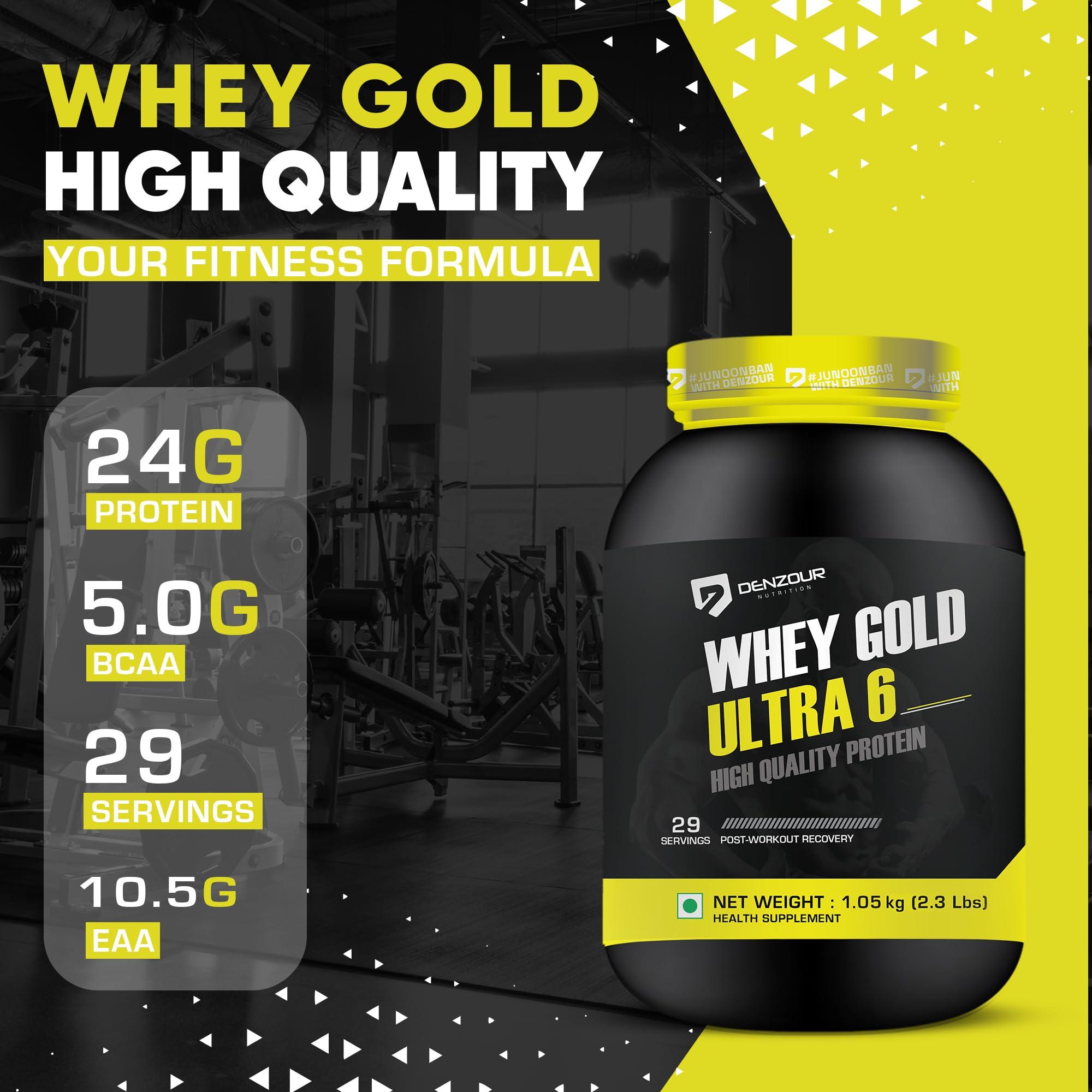 DENZOUR NUTRITION DENZOUR NUTRITION Whey Gold Ultra 6 Starter With 24g Protein | Support Muscle Growth And Maintain A Lean Physique- Dark Chocolate Flavour, 1.05 Kg/2.3 lbs (29 Servings)
