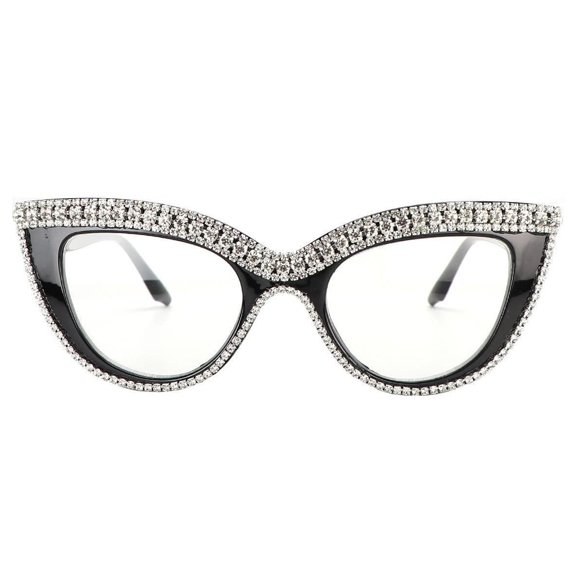 FUPRECIOUS Cat Eye Reading Glasses Bling Rhinestone Magnified Blue Light Blocking Reader Glasses (white, 1.5)