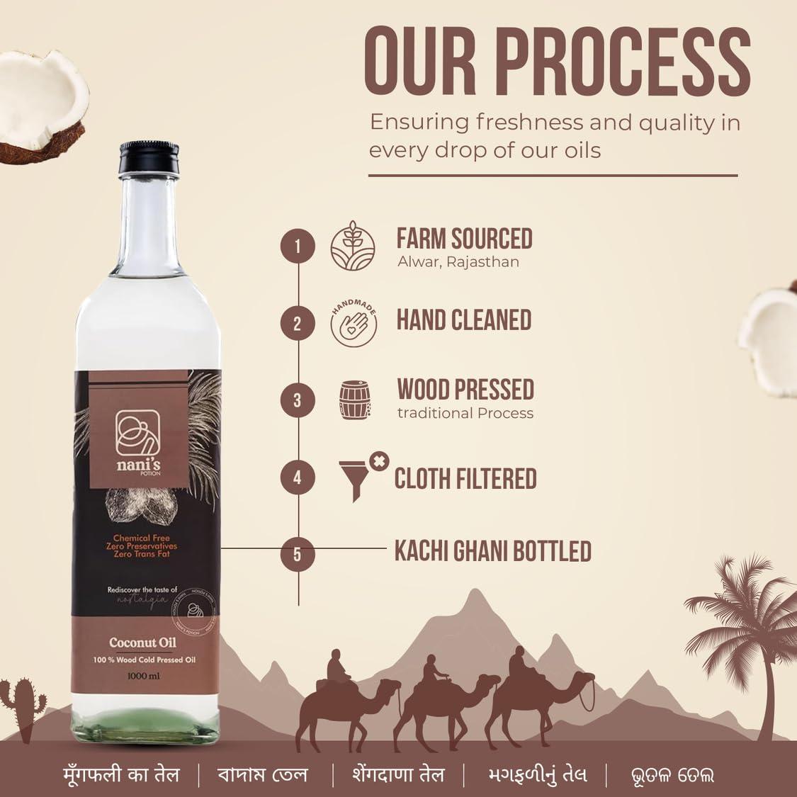 Nani\'s Potion Nani\'s Potion Wood Pressed Coconut Oil Glass Bottle Natural, For Cooking, Chemical-Free, Cold Pressed Coconut Oil For Cooking, Kachi Ghani Oil, Daily Cooking, Naturally Cholesterol Free, 1000 Ml