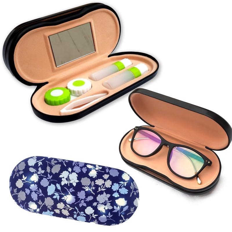 SPECTACKLE SPECTACKLE MBC Contact Lens Case | 2-in-One Portable Contact Lens case and Glasses Dual case | Tweezer | Solution Bottles | Lens Holder | Mirror (Floral Blue)