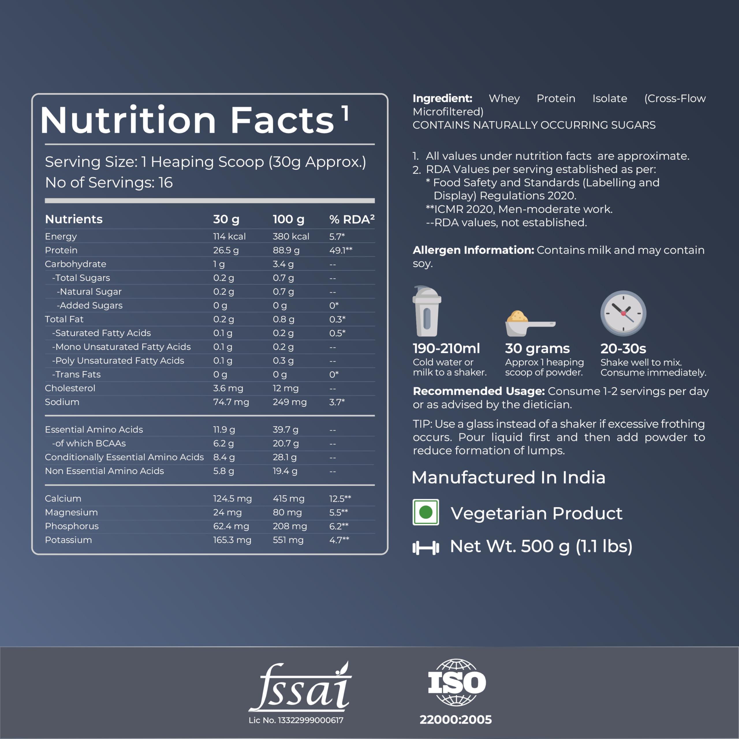 Nutrabay Nutrabay Pure Whey Protein Isolate Powder - 500g, Unflavored | 26.5g Protein, 6.2g BCAA | NABL Lab Tested | Muscle Growth & Recovery | 100% Raw Whey Isolate | For Men & Women